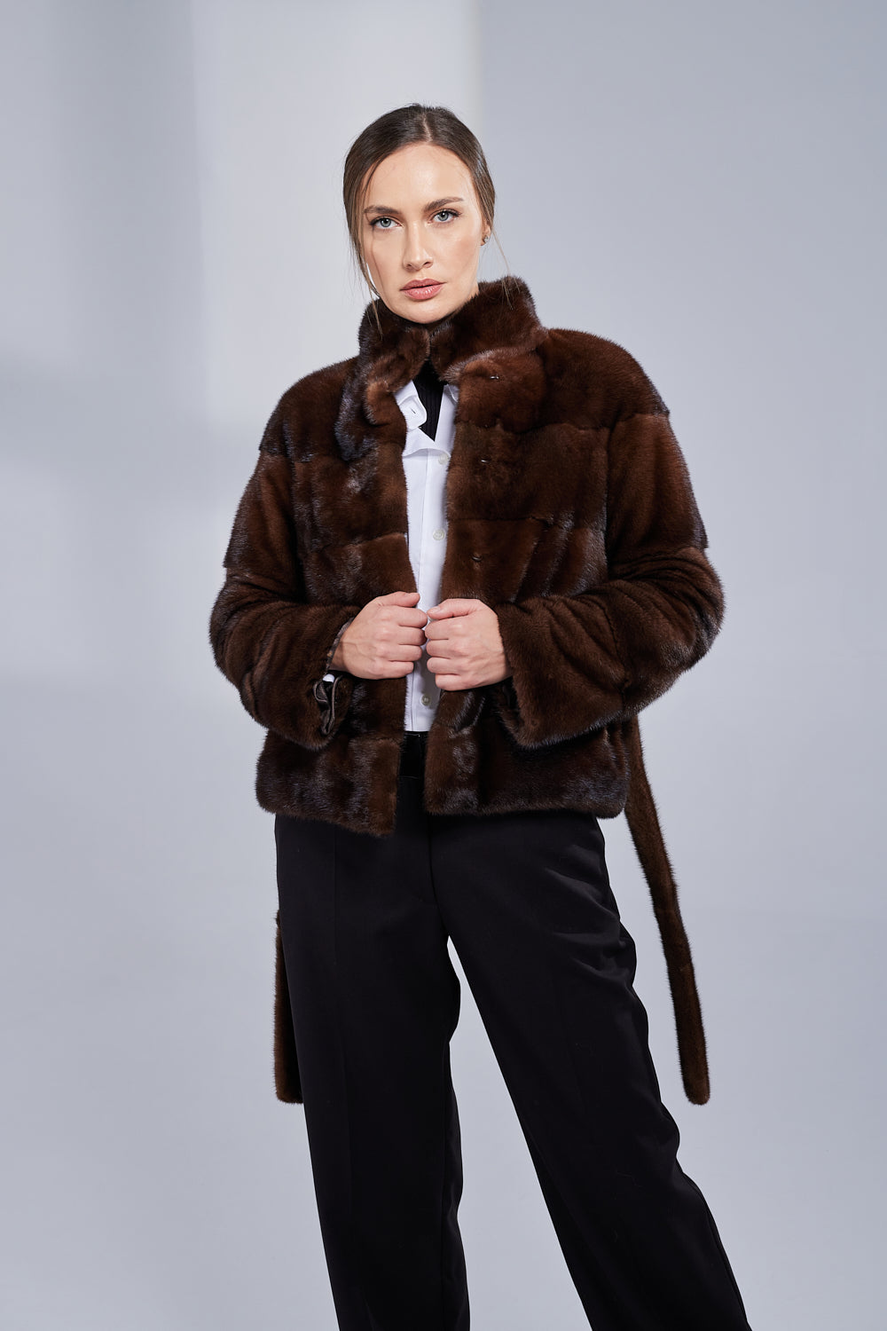 Natural Mink Fur Coat, with Cord, Women, Chocolate 189