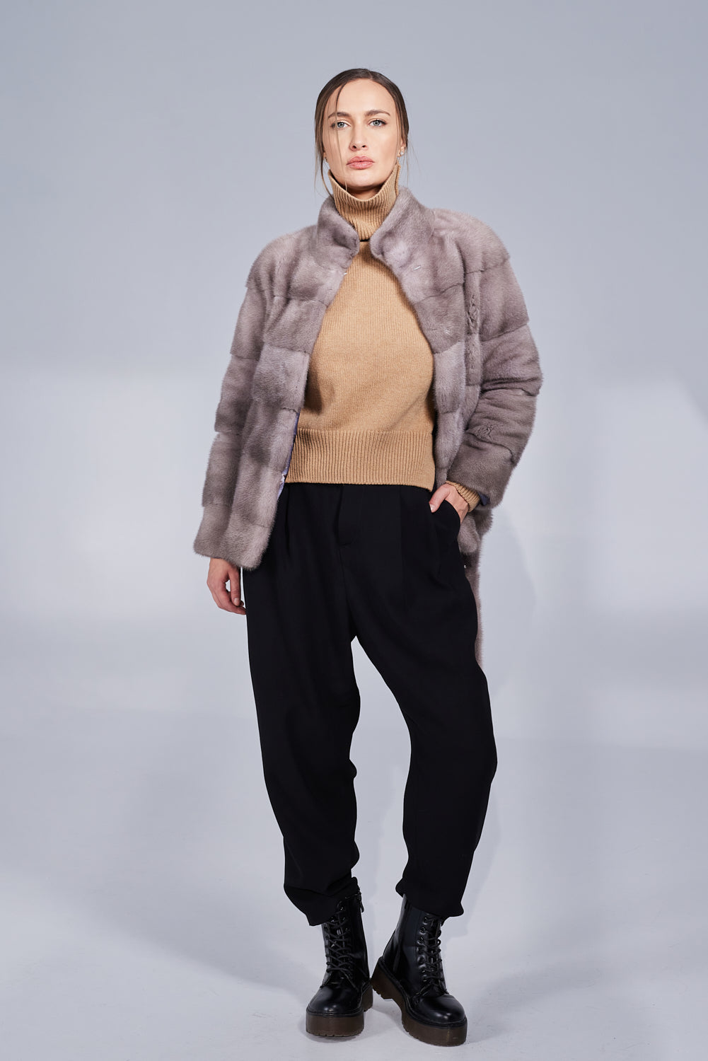 Women's Natural Mink Fur Coat with Drawstring, Silver Blue 194