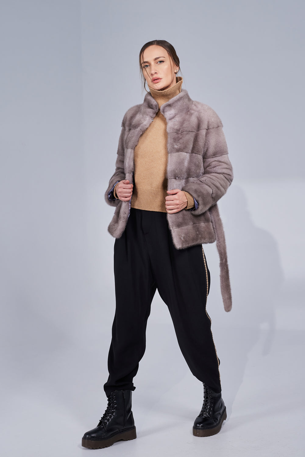 Women's Natural Mink Fur Coat with Drawstring, Silver Blue 194