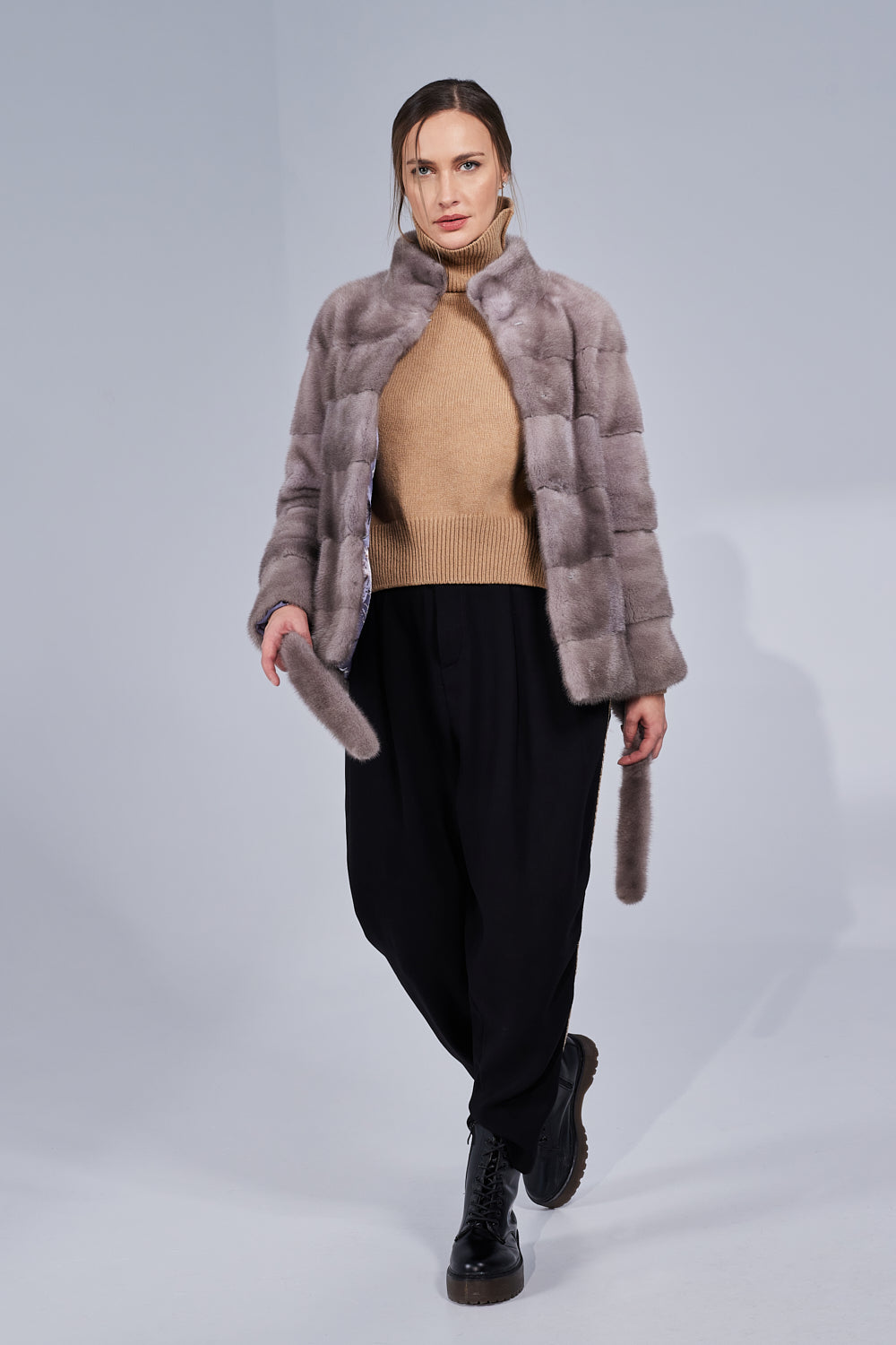 Women's Natural Mink Fur Coat with Drawstring, Silver Blue 194