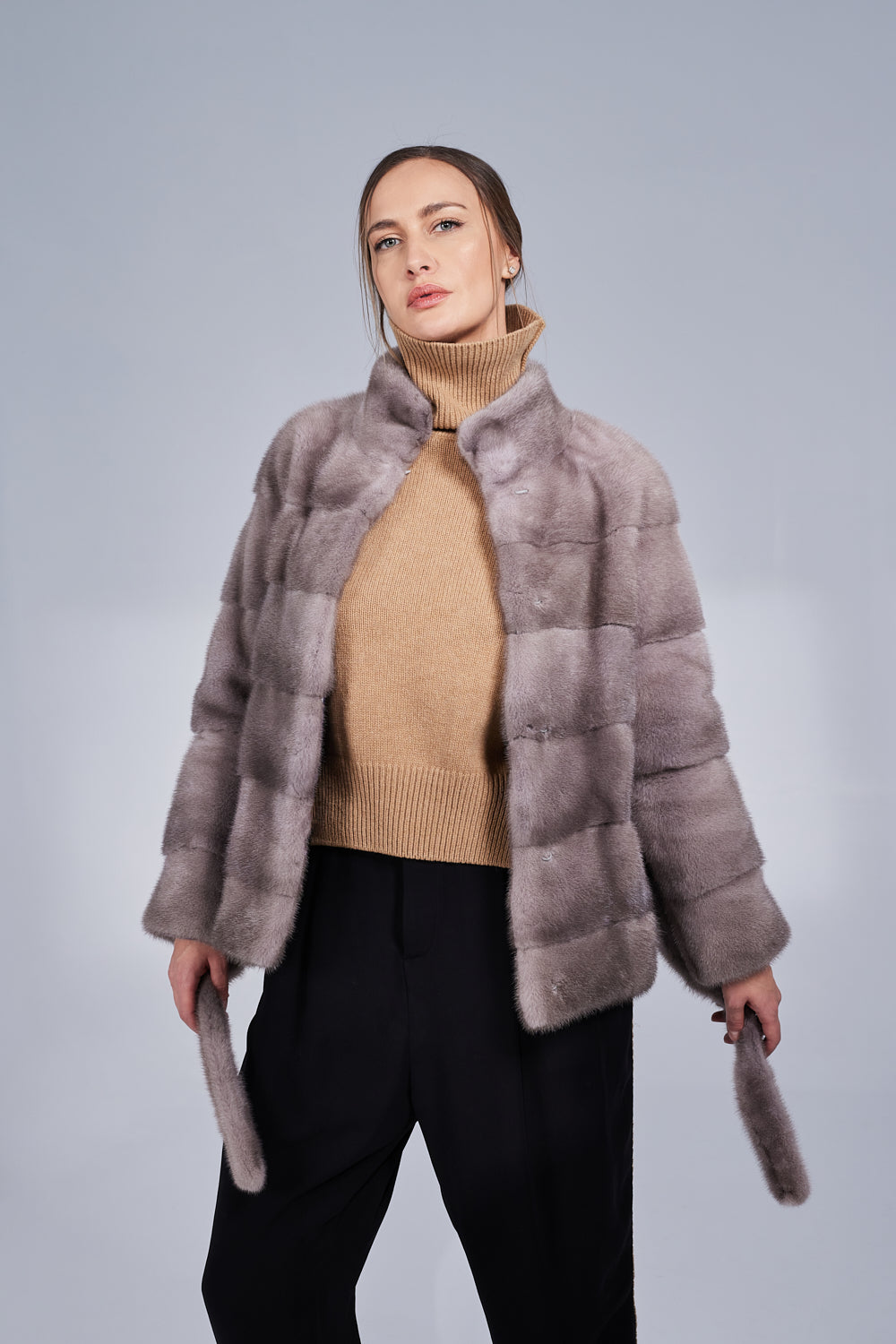 Women's Natural Mink Fur Coat with Drawstring, Silver Blue 194