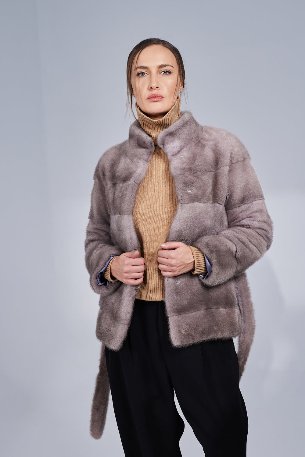 Women's Natural Mink Fur Coat with Drawstring, Silver Blue 194