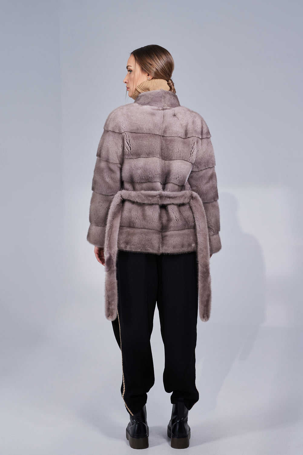Women's Natural Mink Fur Coat with Drawstring, Silver Blue 194