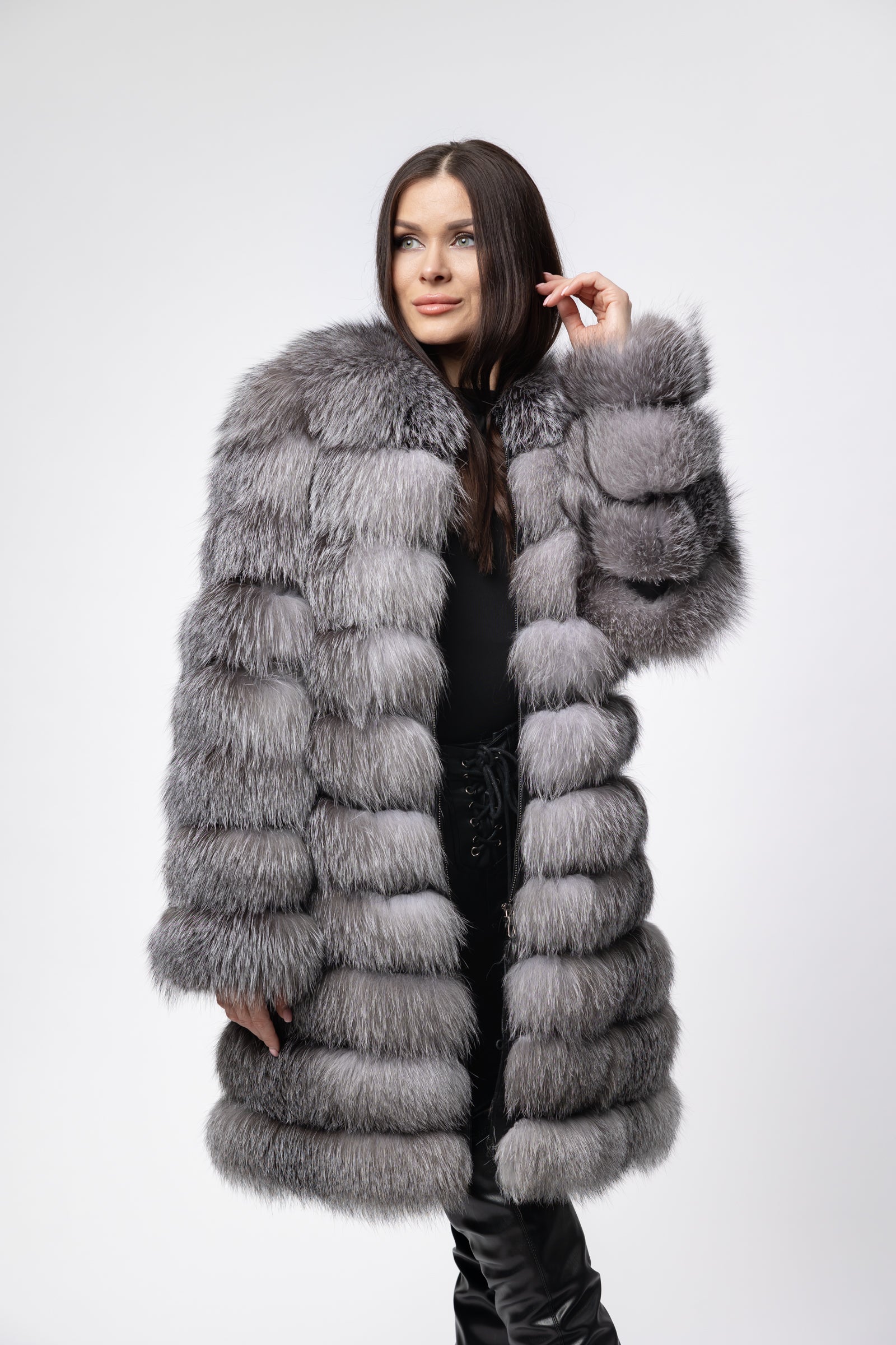 Women's Natural Fox Fur Coat, 6-in-1 Convertible, Silver Grey 257