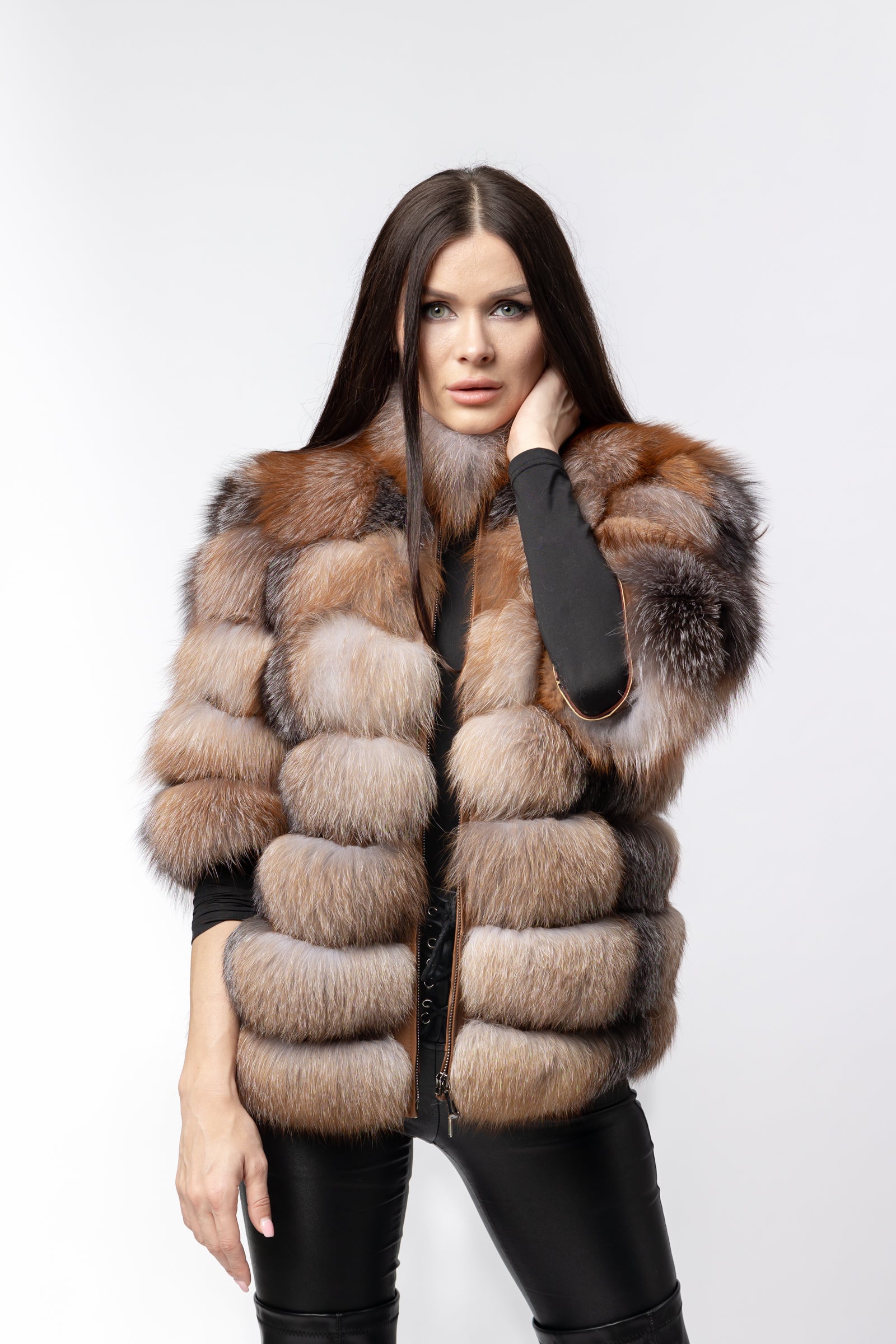 Haină din Blană Naturală de Vulpe, Guler Tunică, Transformabilă, Femei, Brown Frost 271