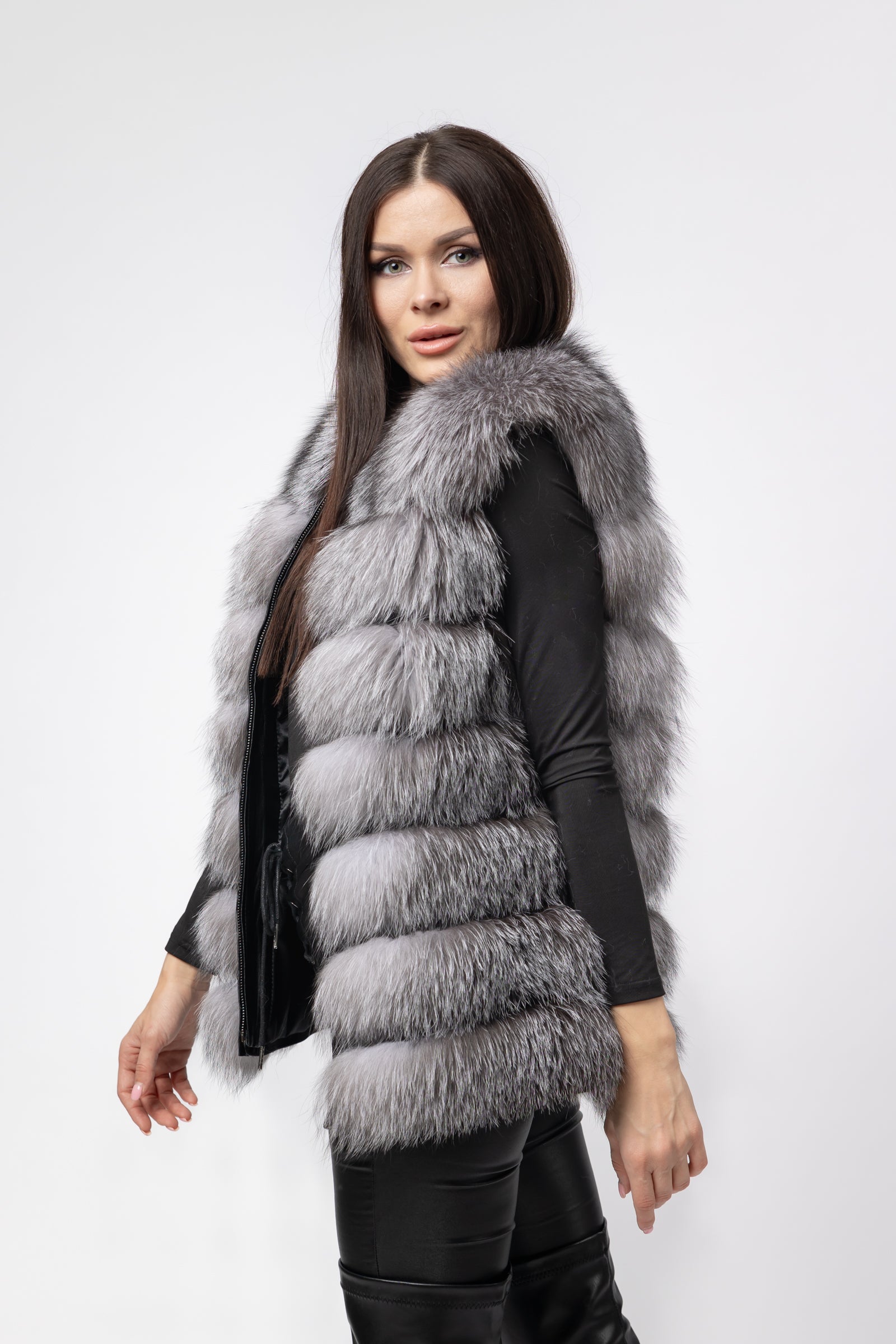 Women's Natural Fox Fur Coat, 6-in-1 Convertible, Silver Grey 257