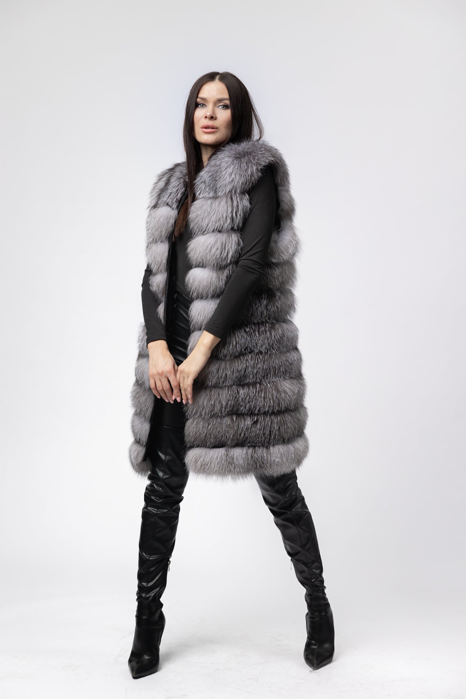 Women's Natural Fox Fur Coat, 6-in-1 Convertible, Silver Grey 257