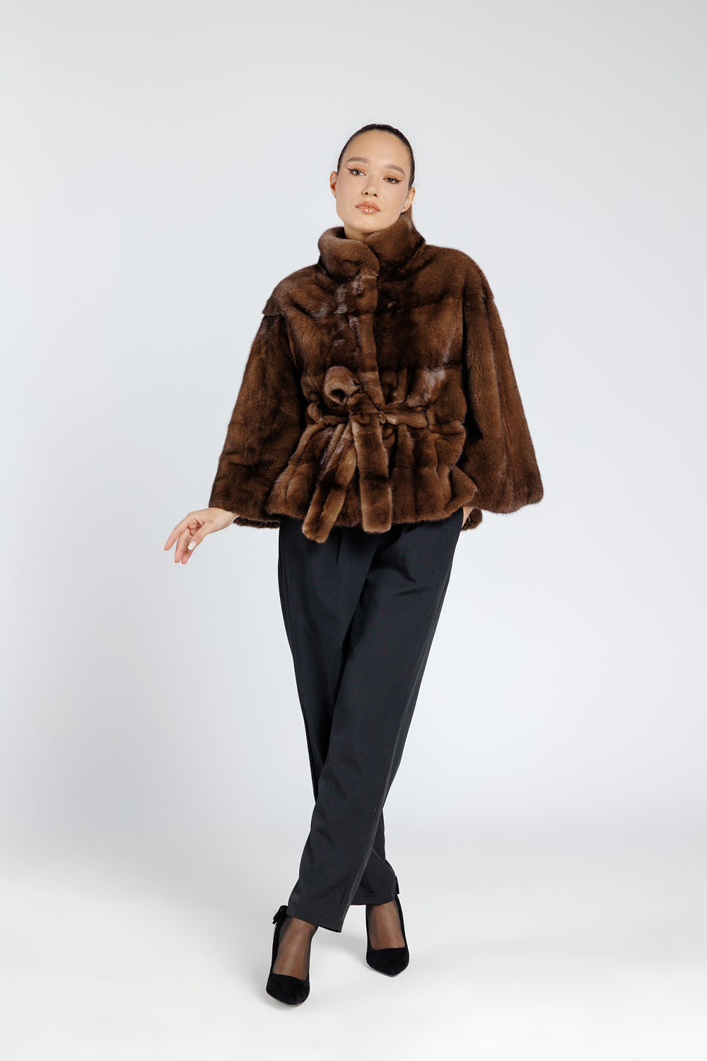 Natural Mink Fur Coat, with Cord, Women, Chocolate 392