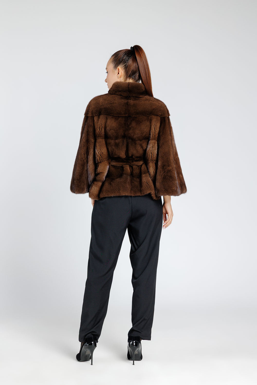 Natural Mink Fur Coat, with Cord, Women, Chocolate 392