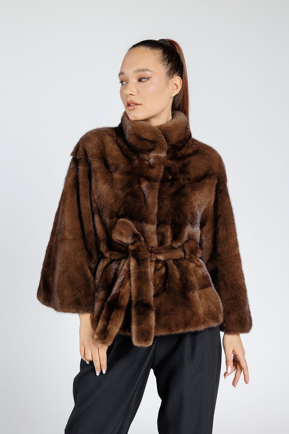 Natural Mink Fur Coat, with Cord, Women, Chocolate 392