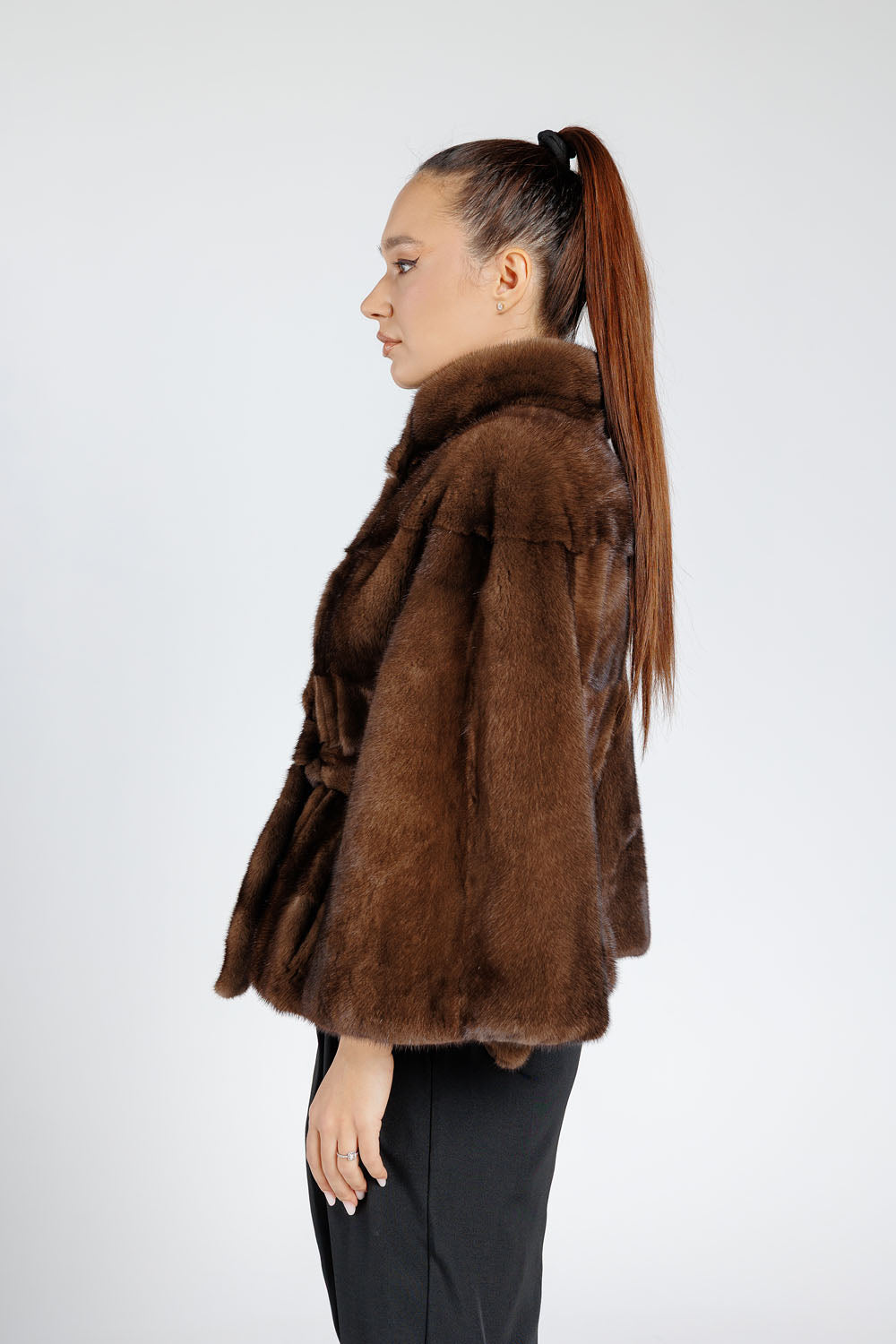 Natural Mink Fur Coat, with Cord, Women, Chocolate 392