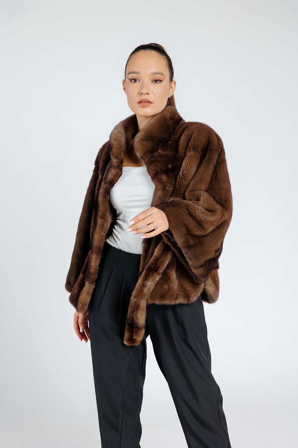 Natural Mink Fur Coat, with Cord, Women, Chocolate 392