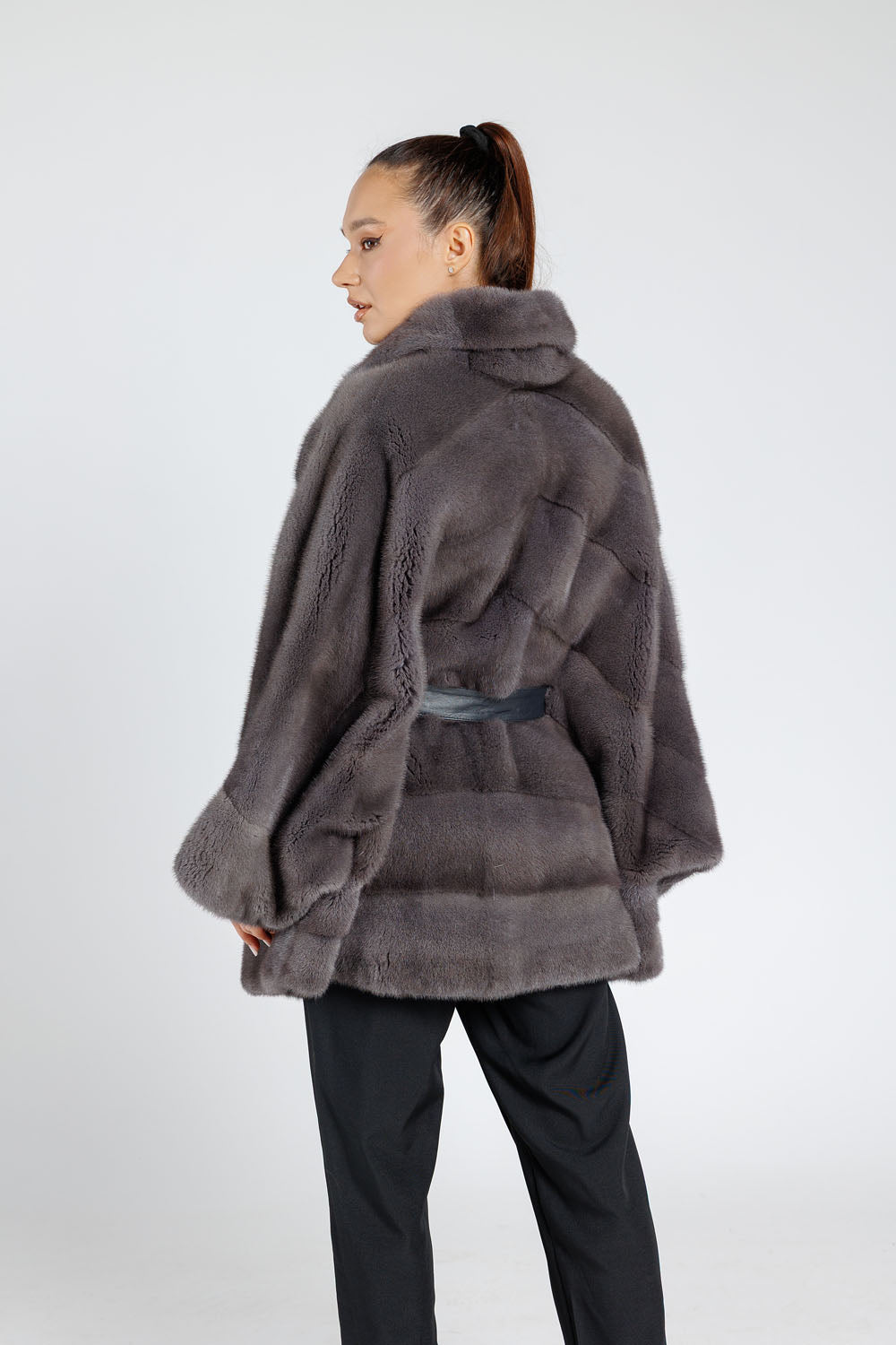 Natural Mink Fur Coat, with Leather Cord, Lapel Collar, Oversized, Women, Graphite 393