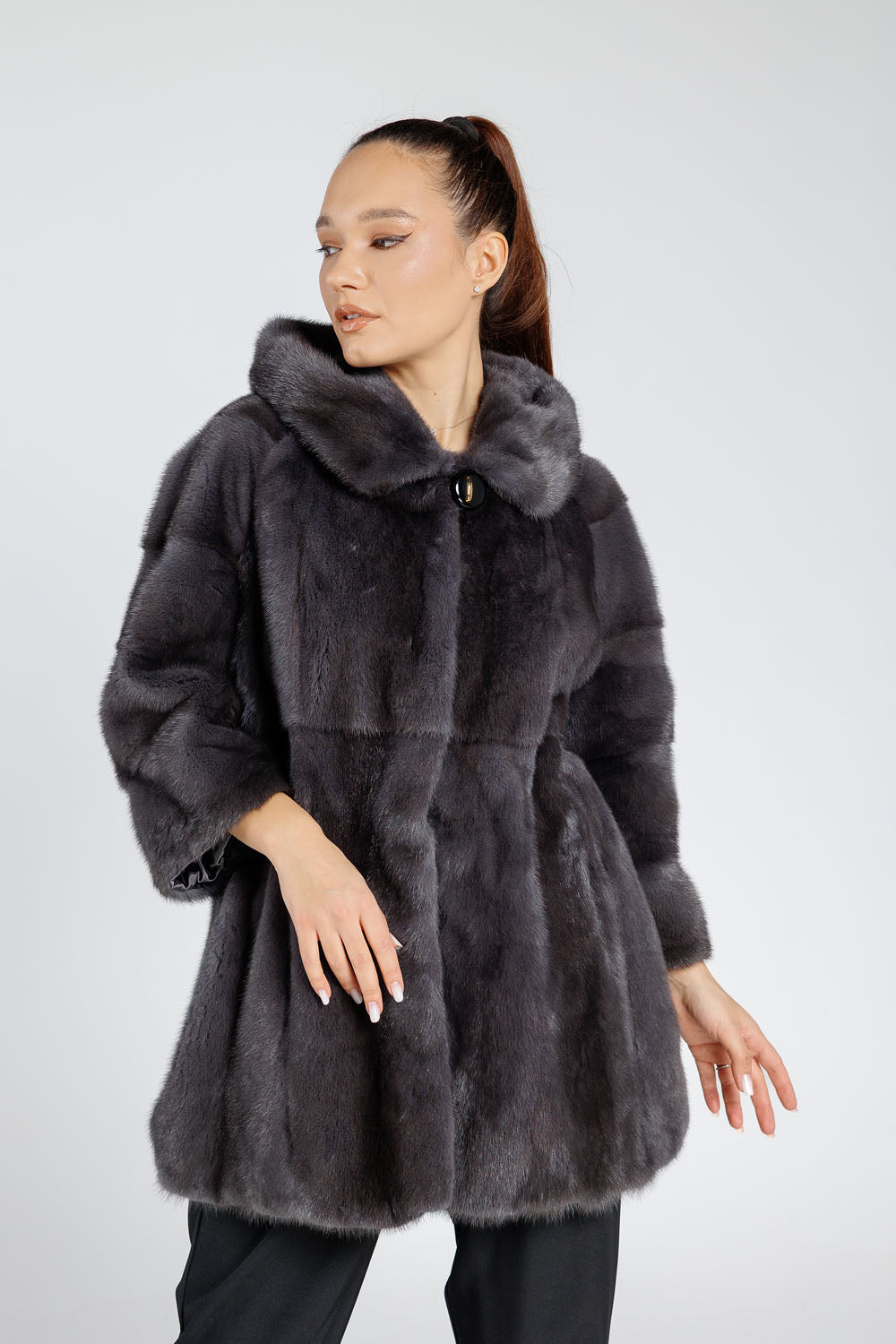 Women's Oversized Hooded Mink Fur Coat, Graphite 395