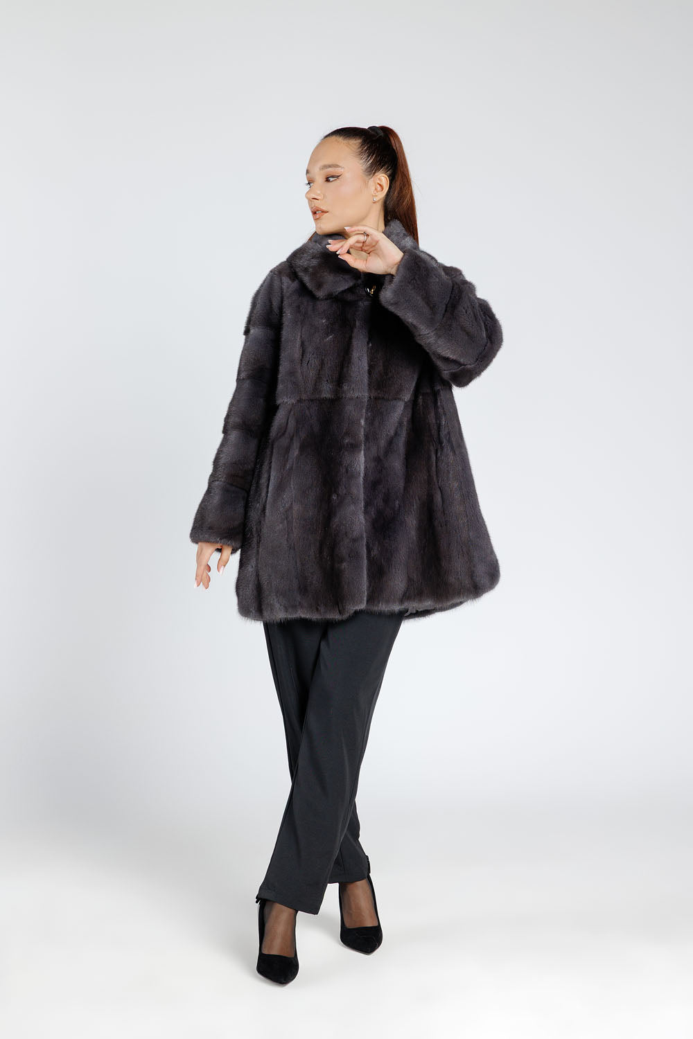 Women's Oversized Hooded Mink Fur Coat, Graphite 395
