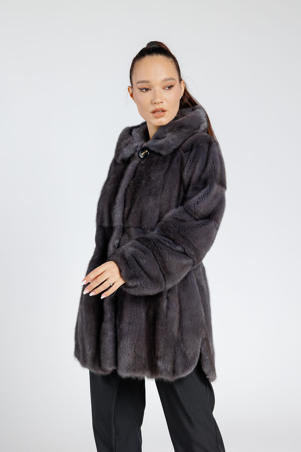 Women's Oversized Hooded Mink Fur Coat, Graphite 395