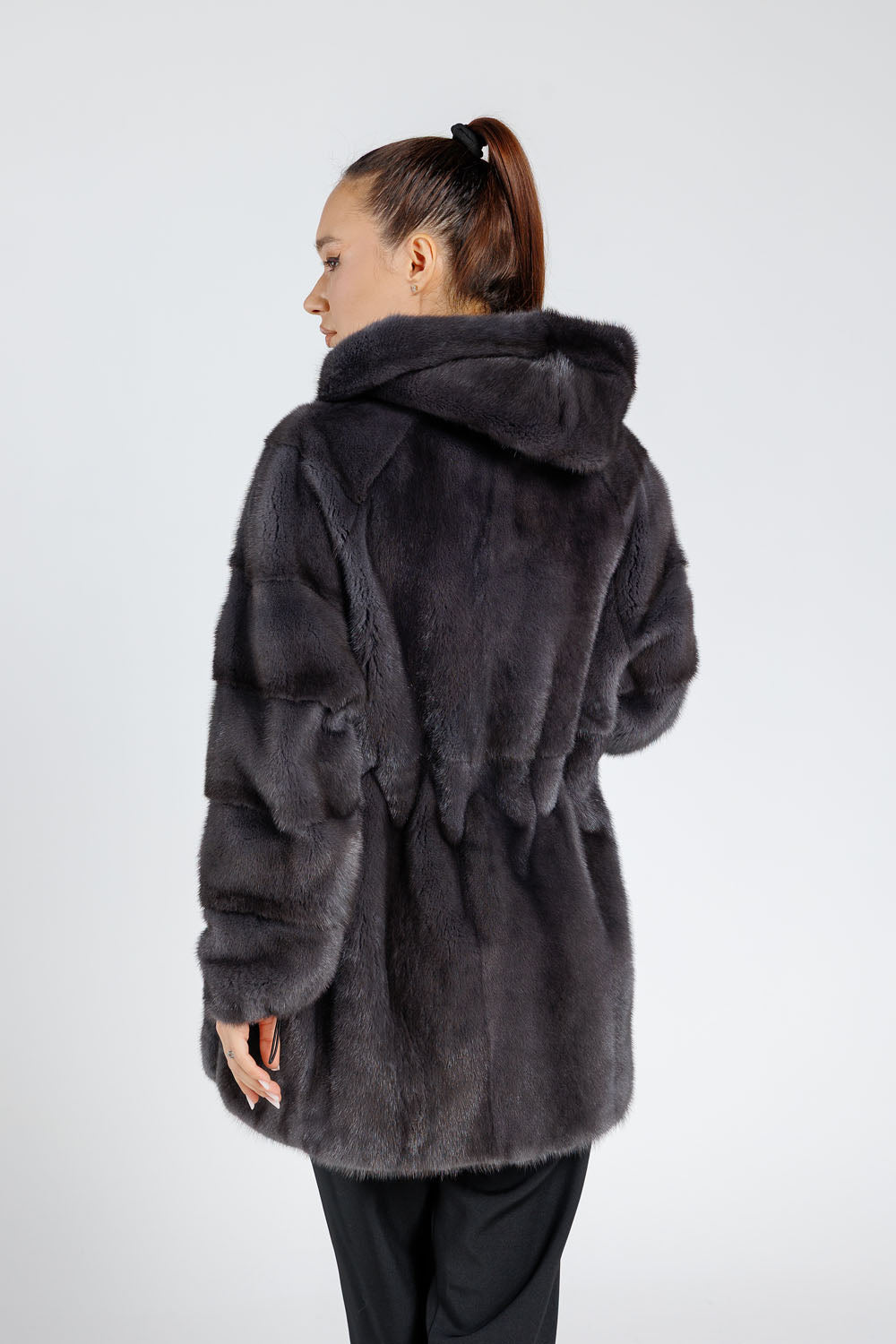 Women's Oversized Hooded Mink Fur Coat, Graphite 395
