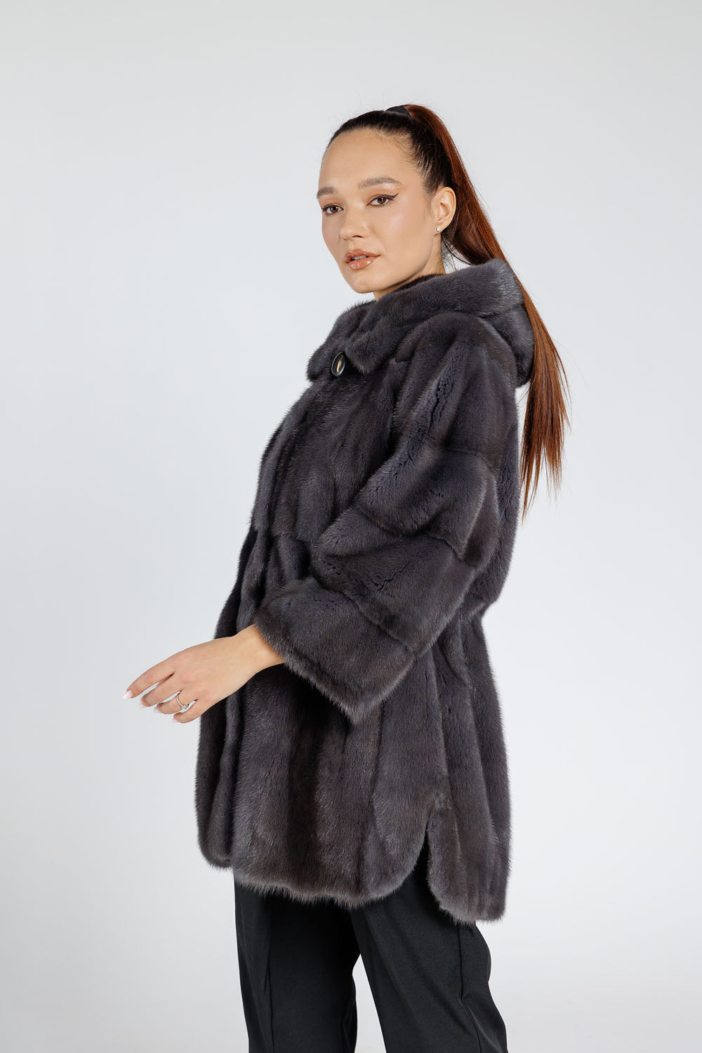 Women's Oversized Hooded Mink Fur Coat, Graphite 395