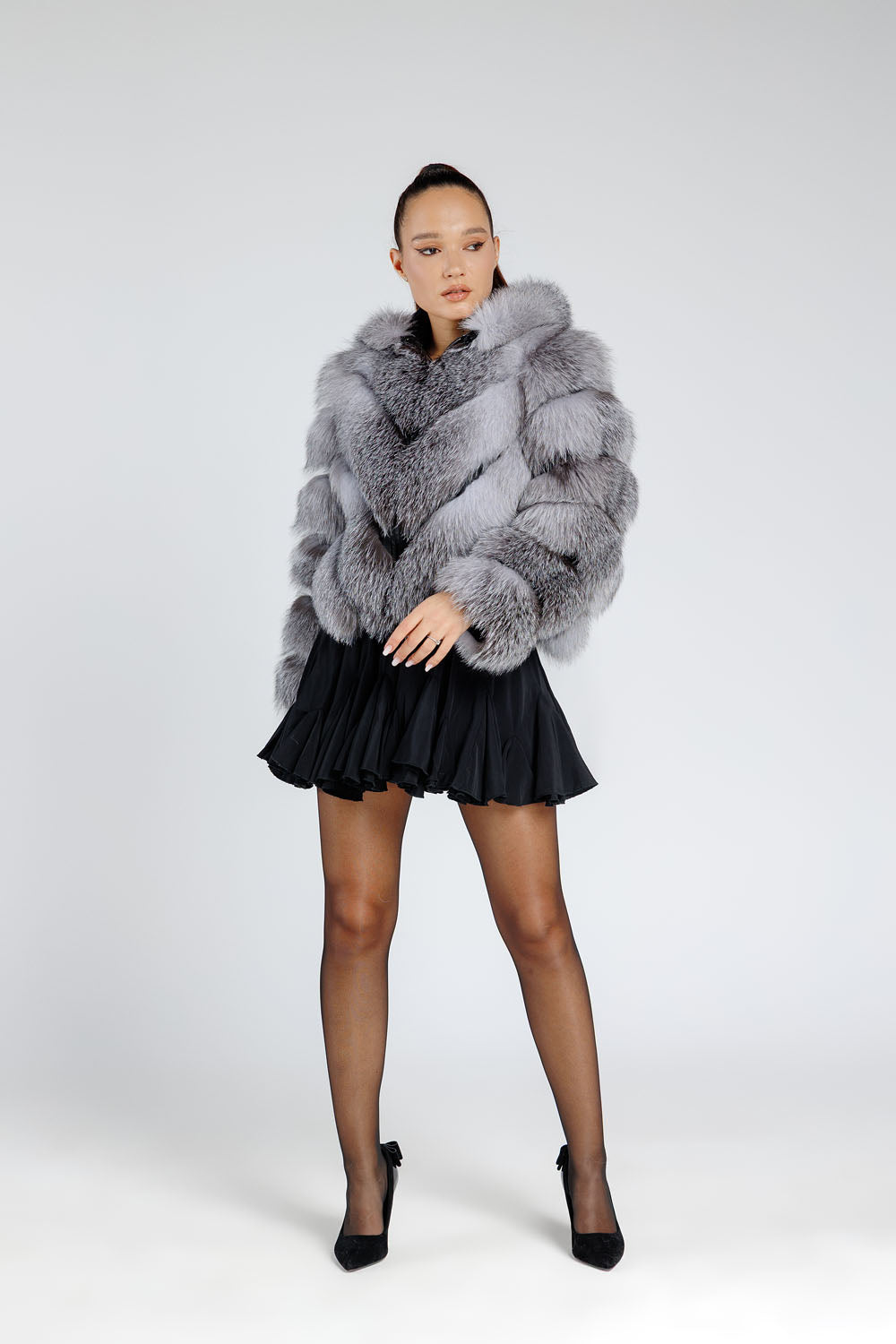 Women's Convertible Natural Silver Fox Fur Coat, V Model, with Detachable Hood, Grey Frost 379