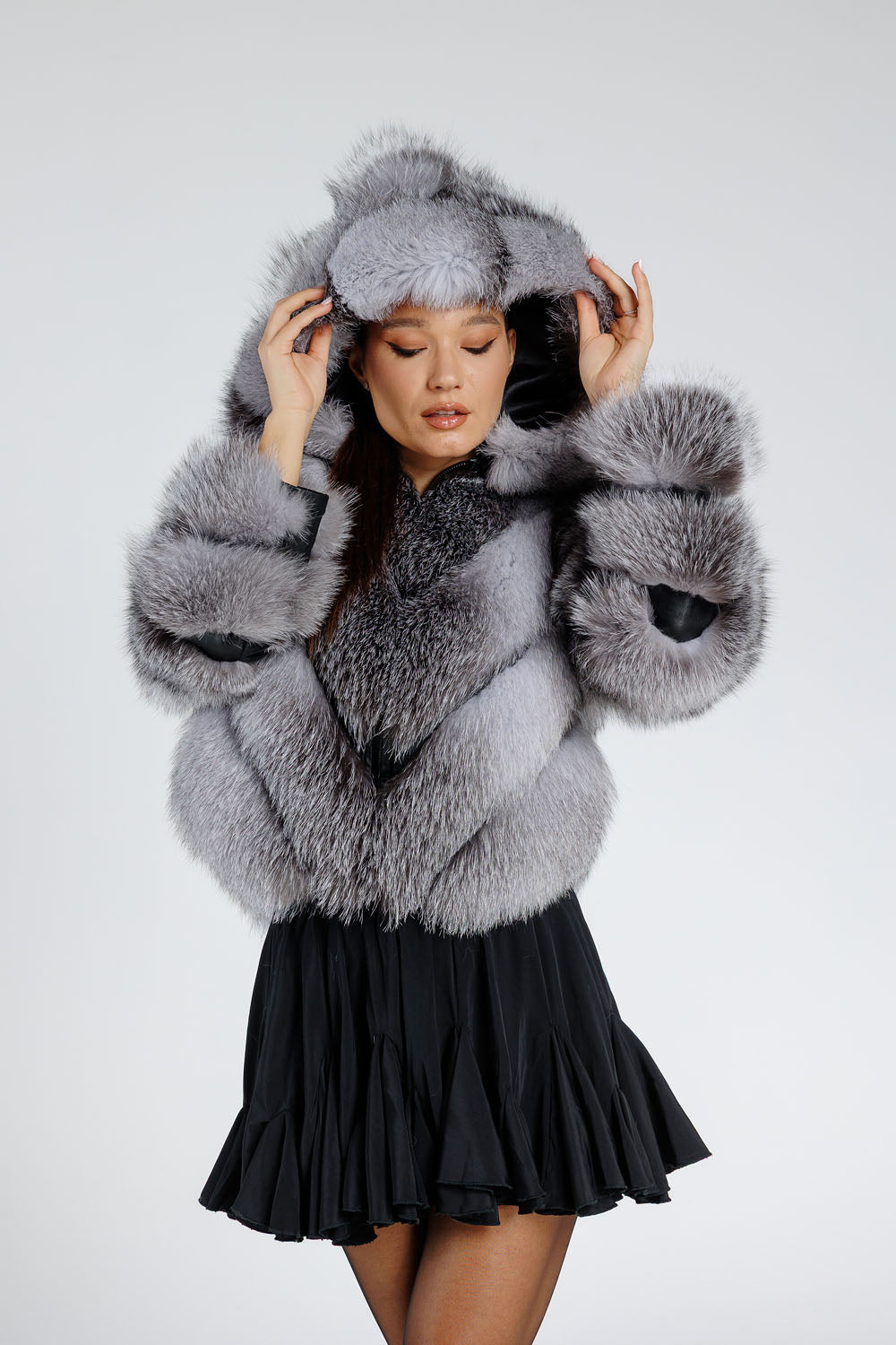 Women's Convertible Natural Silver Fox Fur Coat, V Model, with Detachable Hood, Grey Frost 379