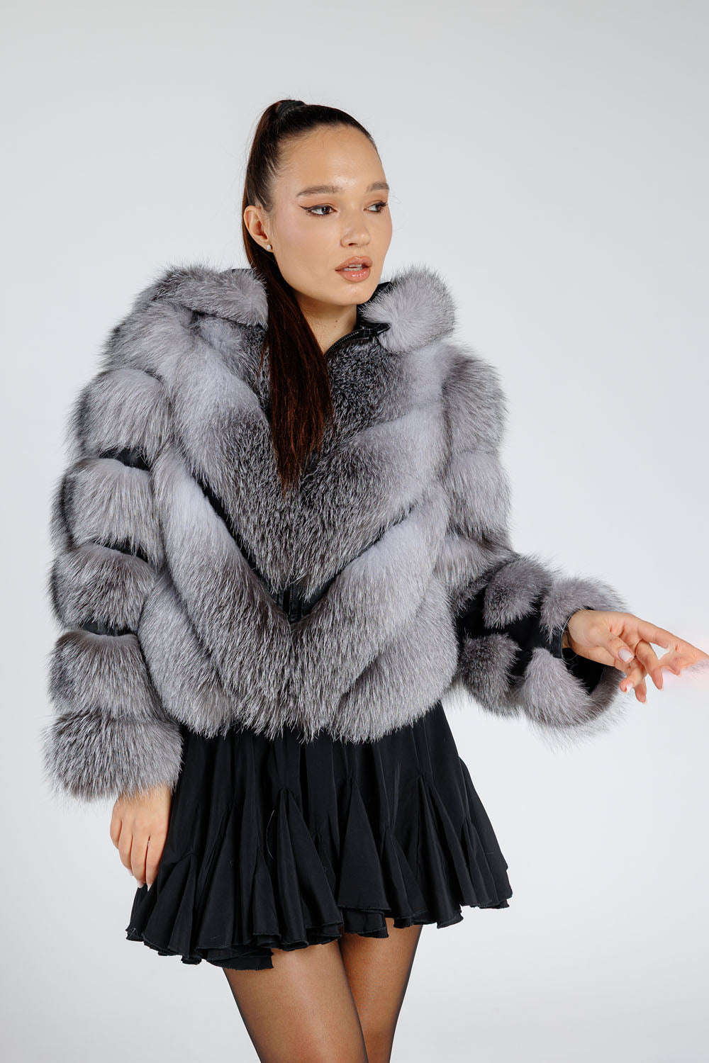 Women's Convertible Natural Silver Fox Fur Coat, V Model, with Detachable Hood, Grey Frost 379