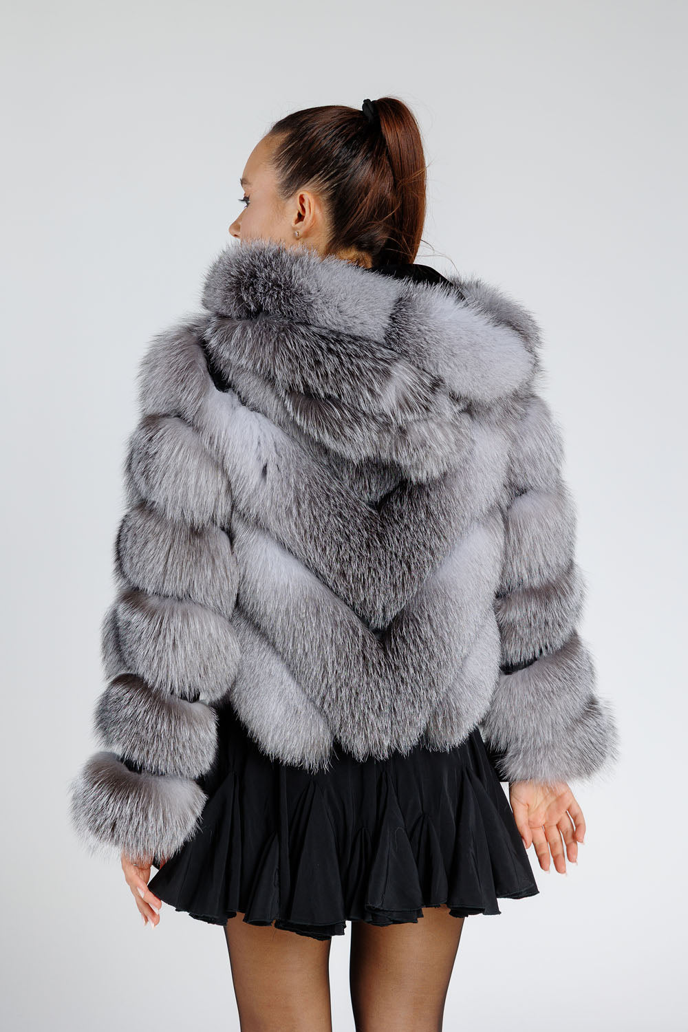 Women's Convertible Natural Silver Fox Fur Coat, V Model, with Detachable Hood, Grey Frost 379
