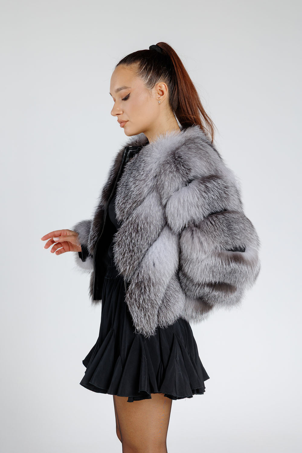 Women's Convertible Natural Silver Fox Fur Coat, V Model, with Detachable Hood, Grey Frost 379