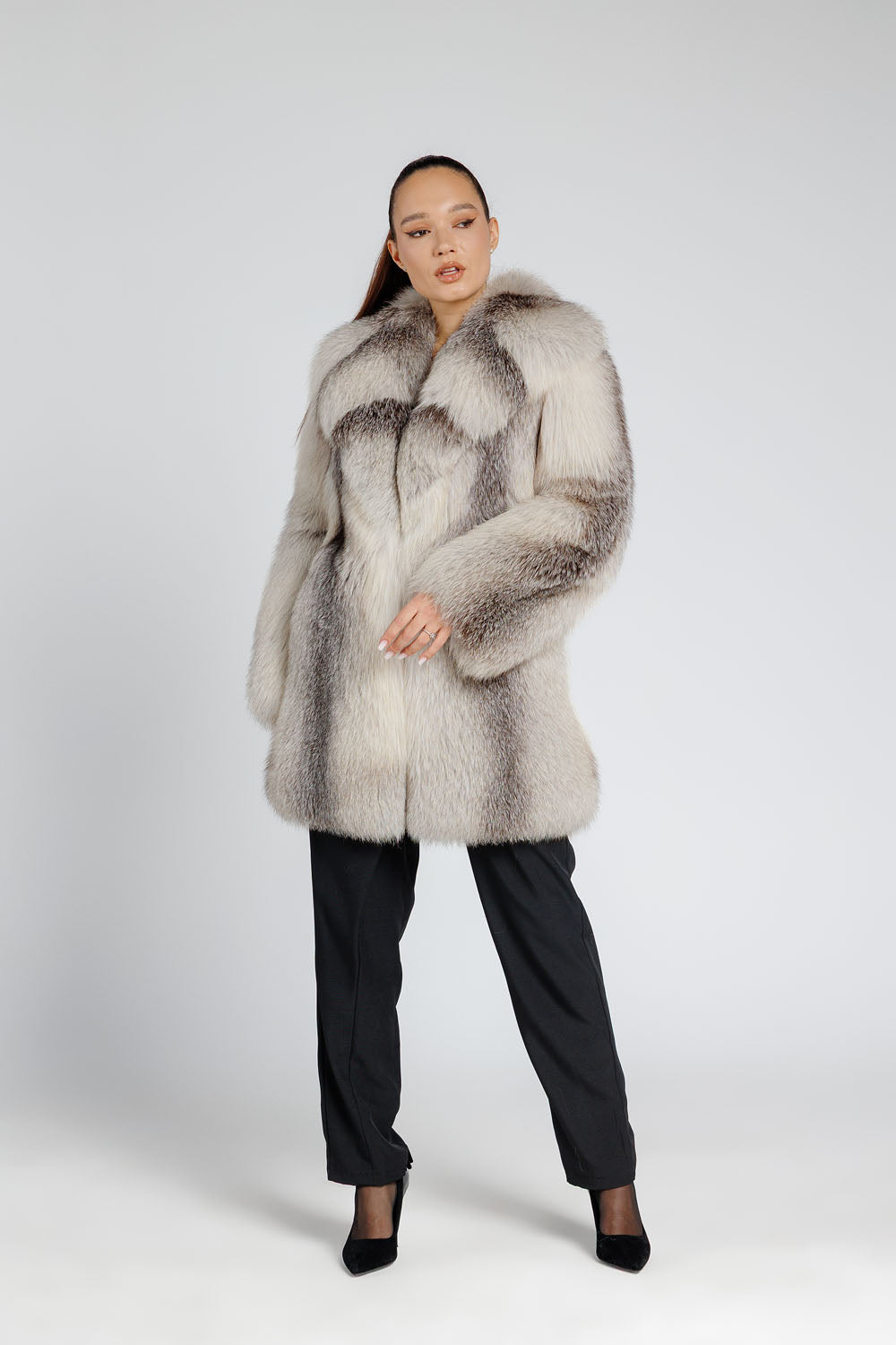 Women's Natural Silver Fox Fur Coat with Lapel Collar, Arctic Grey 385