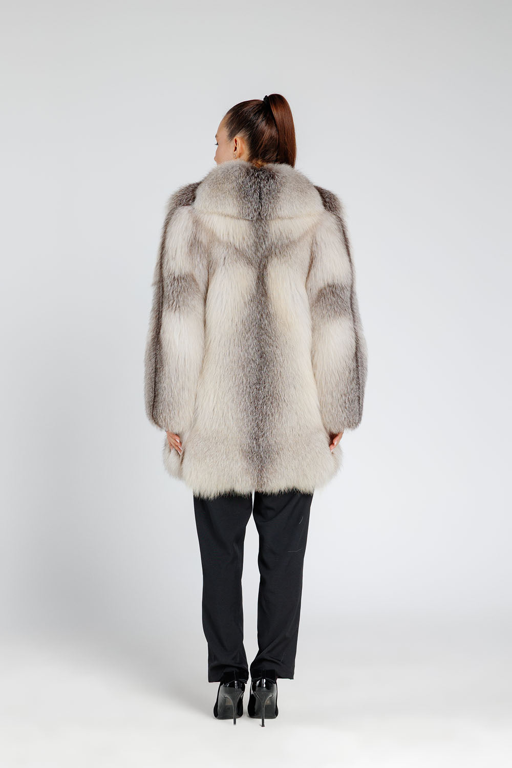 Women's Natural Silver Fox Fur Coat with Lapel Collar, Arctic Grey 385