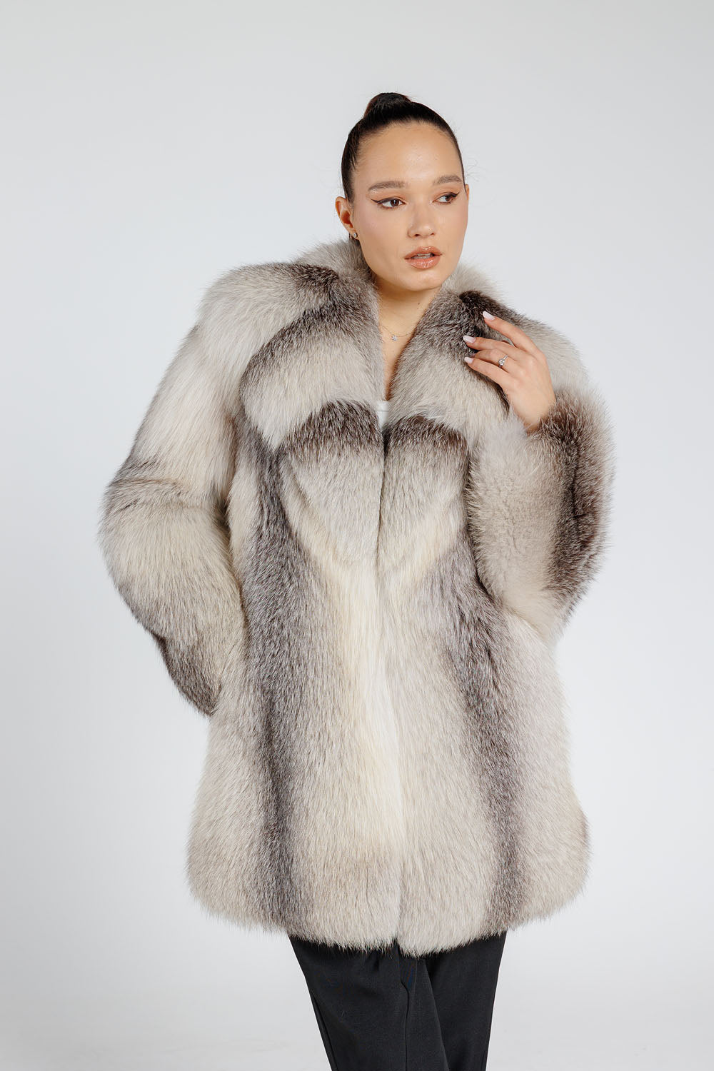 Women's Natural Silver Fox Fur Coat with Lapel Collar, Arctic Grey 385