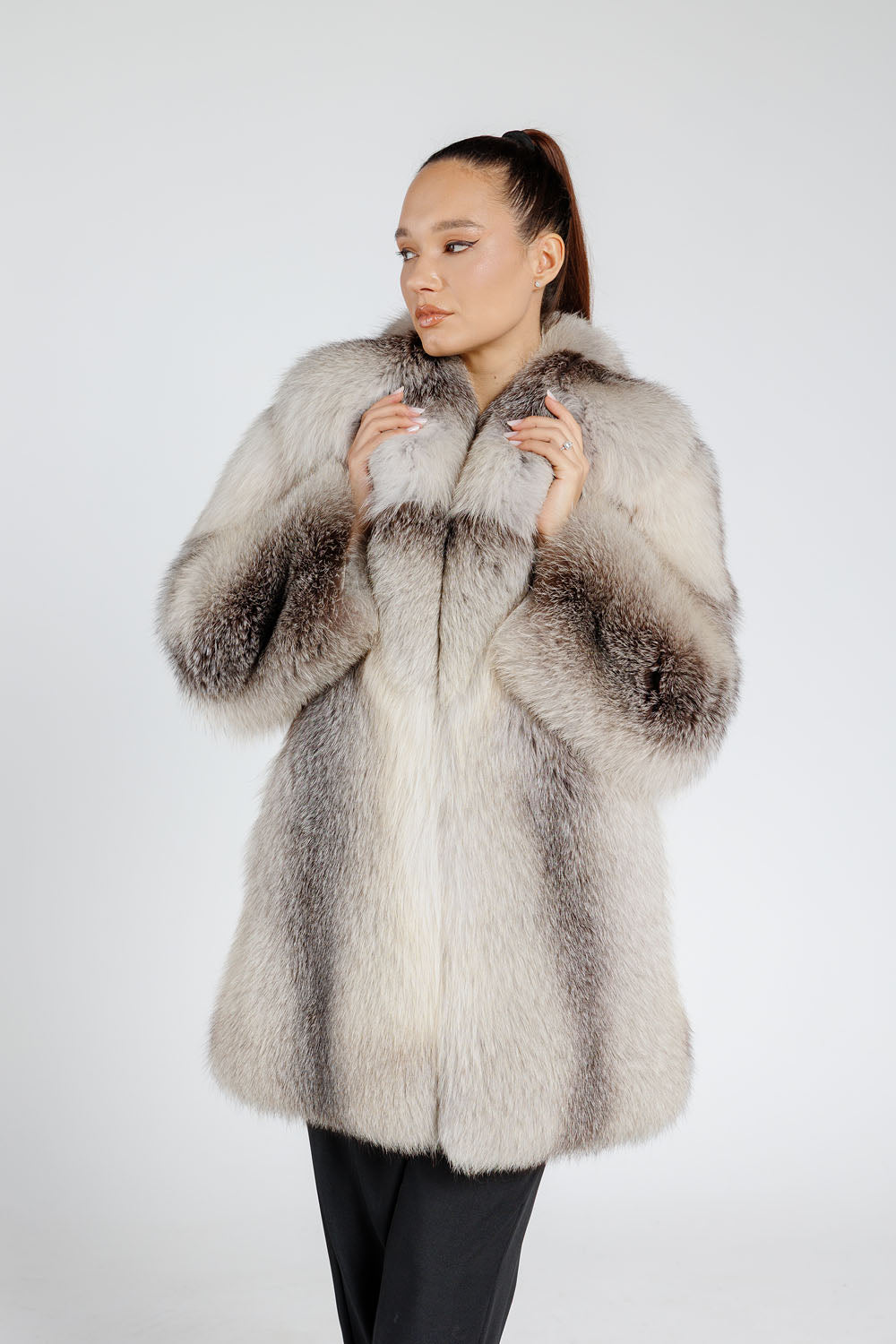 Women's Natural Silver Fox Fur Coat with Lapel Collar, Arctic Grey 385