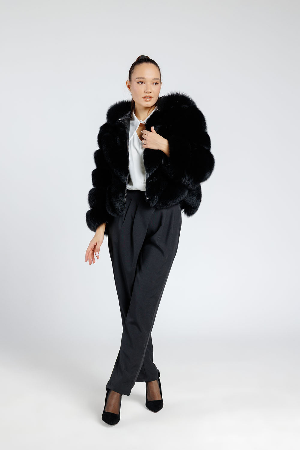 Women's Natural Polar Fox Fur Coat, Convertible, V Model, with Detachable Hood, Diamond 378
