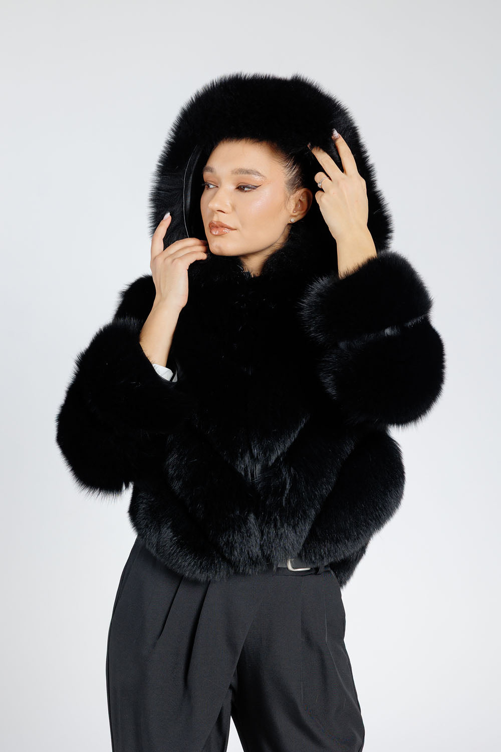 Women's Natural Polar Fox Fur Coat, Convertible, V Model, with Detachable Hood, Diamond 378