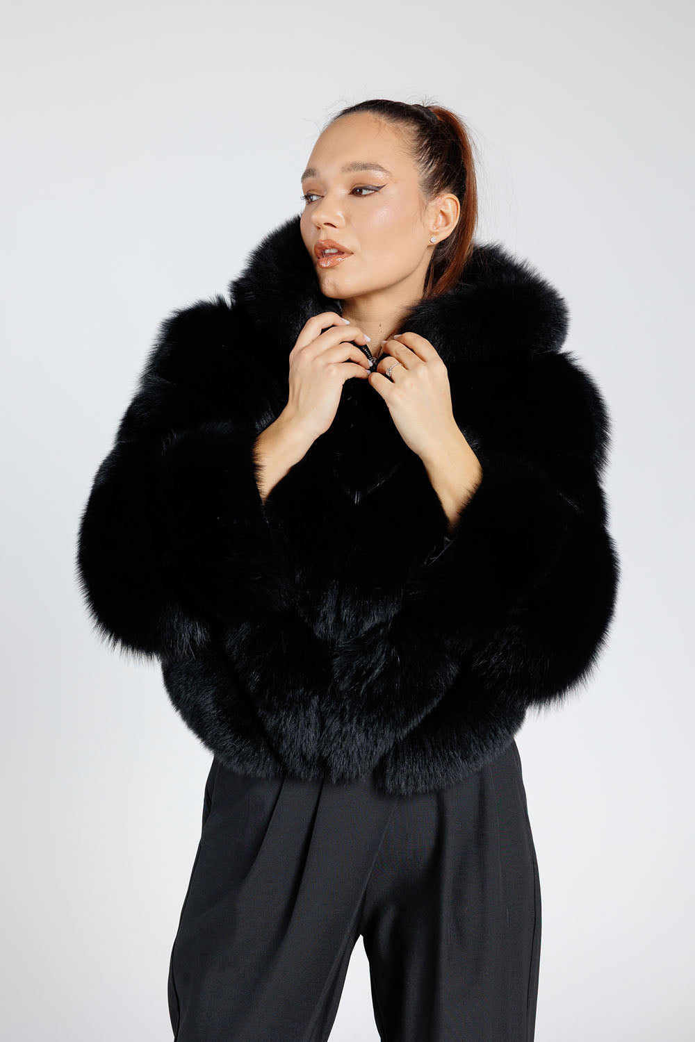 Women's Natural Polar Fox Fur Coat, Convertible, V Model, with Detachable Hood, Diamond 378