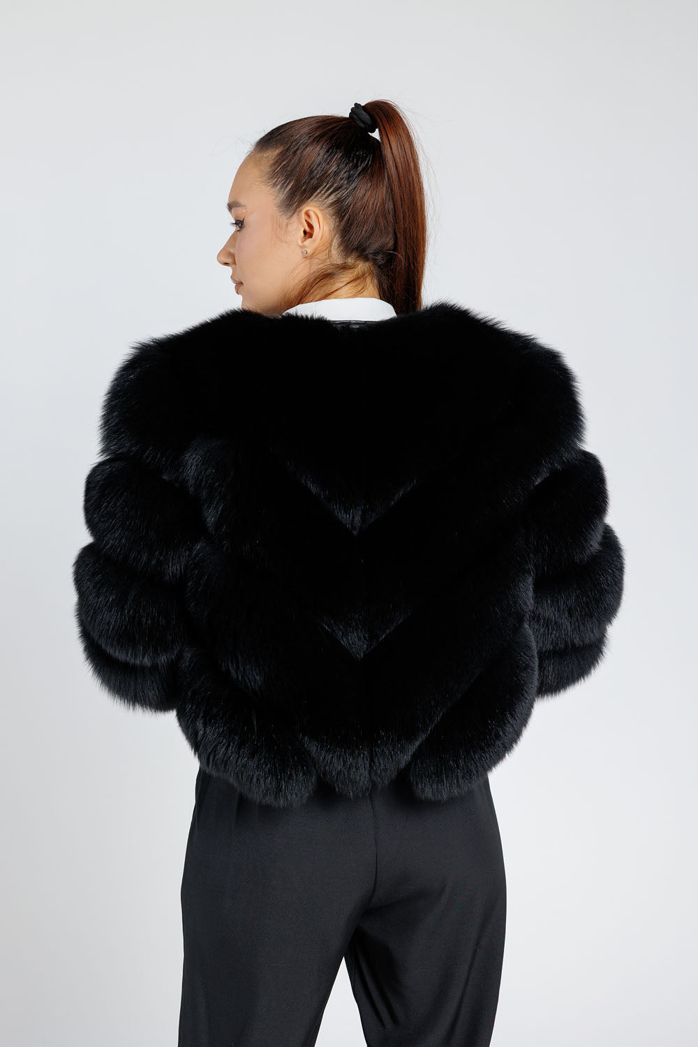 Women's Natural Polar Fox Fur Coat, Convertible, V Model, with Detachable Hood, Diamond 378