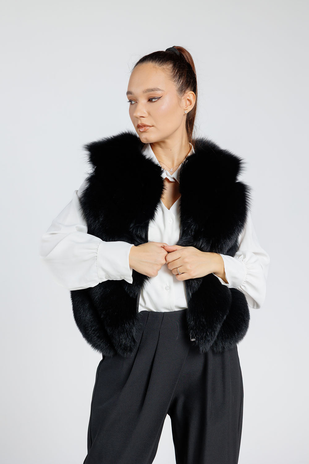 Women's Natural Polar Fox Fur Coat, Convertible, V Model, with Detachable Hood, Diamond 378