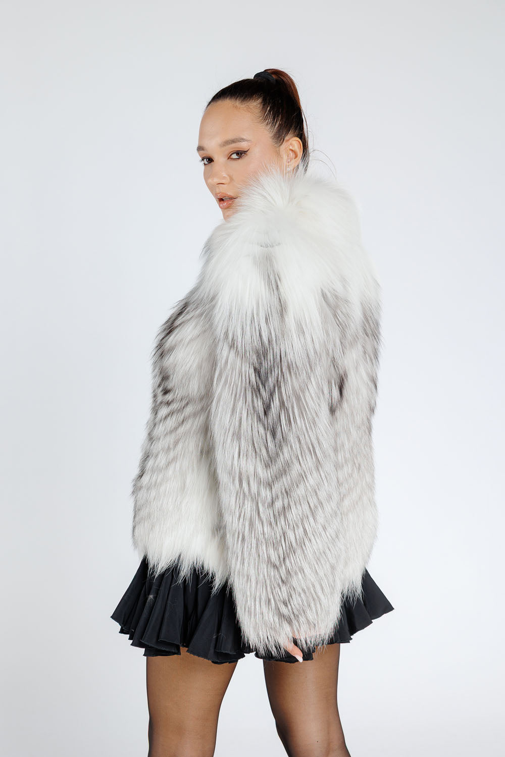 Natural Fox Fur Coat, Tunic Collar, Women, Arctic White 386
