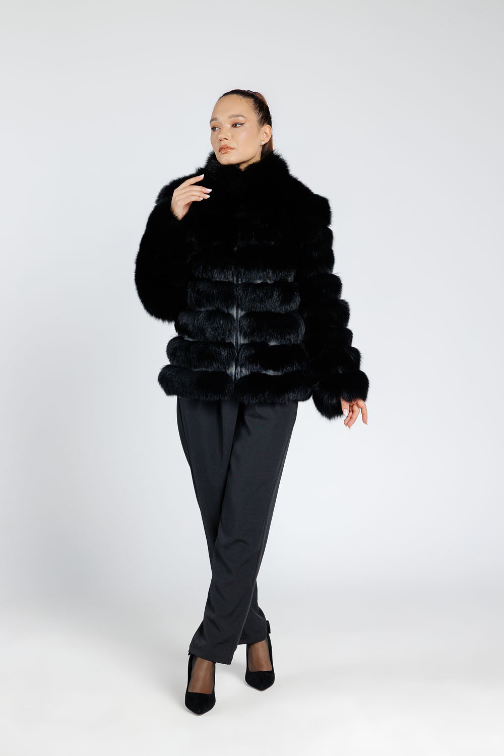 Natural Fox Fur Coat, Tunic Collar, Convertible, Women, Diamond 371
