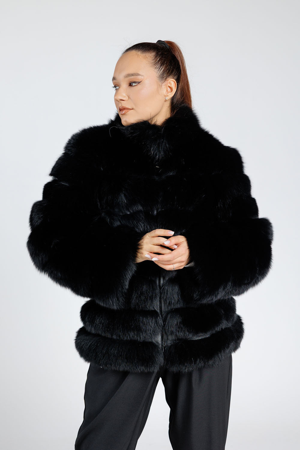 Natural Fox Fur Coat, Tunic Collar, Convertible, Women, Diamond 371