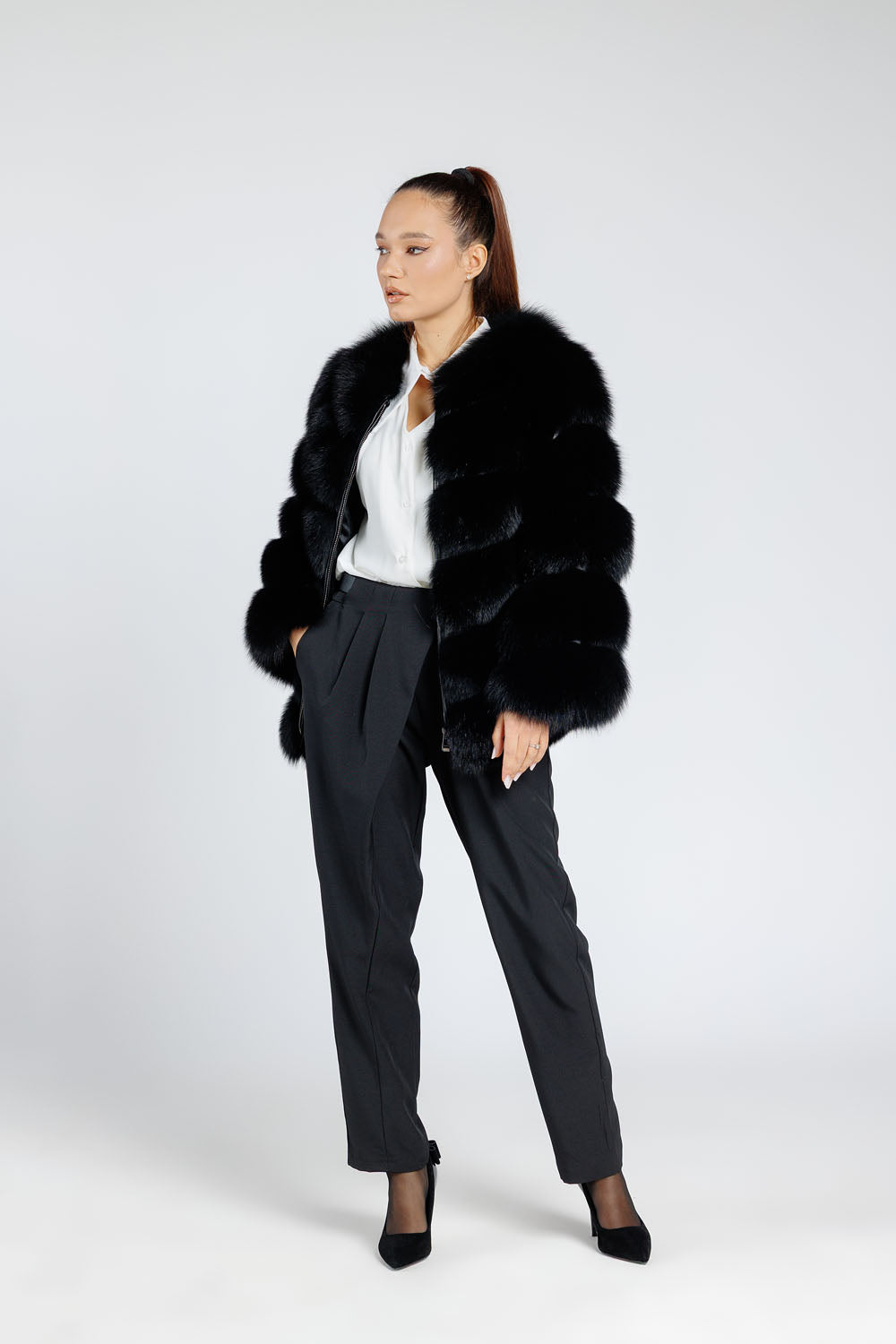 Women's Natural Fox Fur Coat with Detachable Sleeves, Obsidian 255