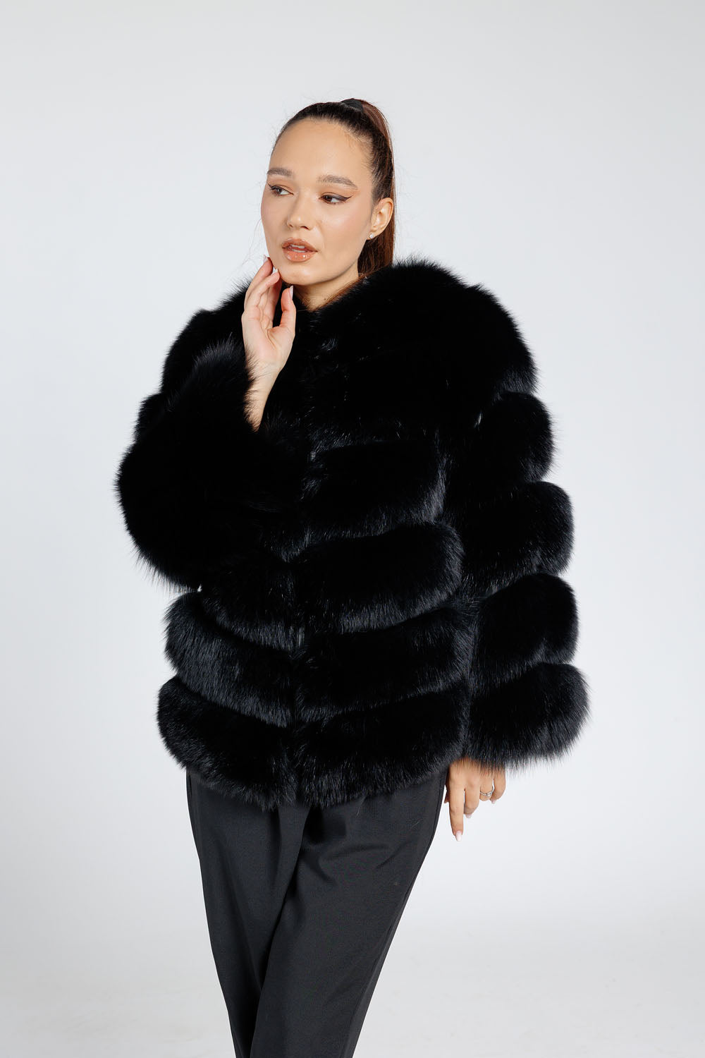 Women's Natural Fox Fur Coat with Detachable Sleeves, Obsidian 255