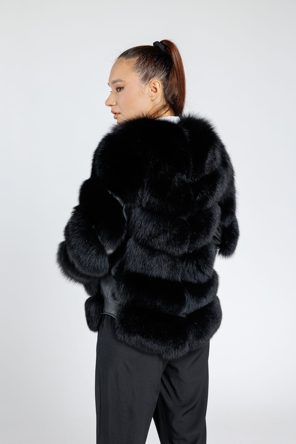 Women's Natural Fox Fur Coat with Detachable Sleeves, Obsidian 255