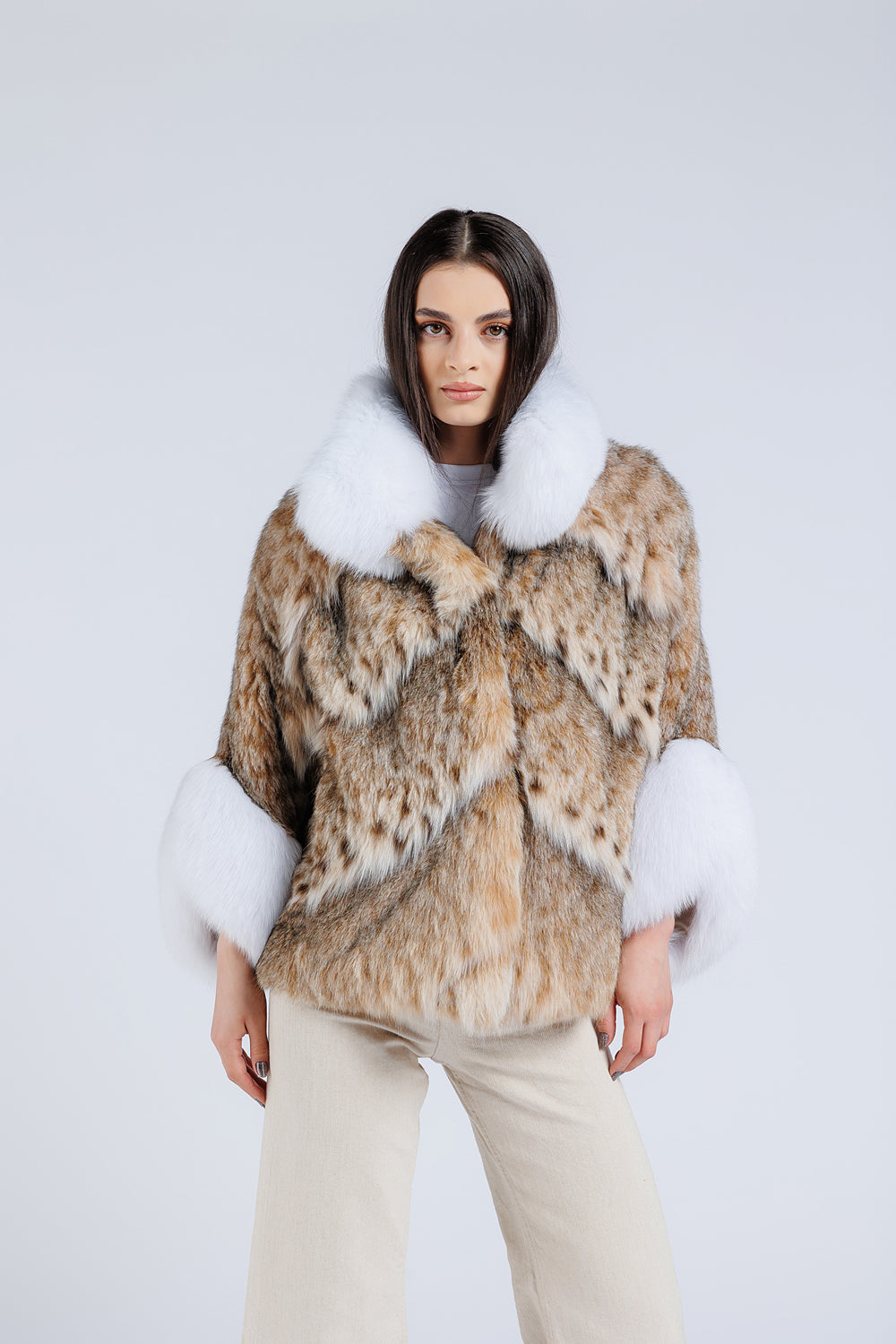 Natural Lynx Fur Cape, with Natural Fox Fur Collar and Cuffs, Women, Pastel  46
