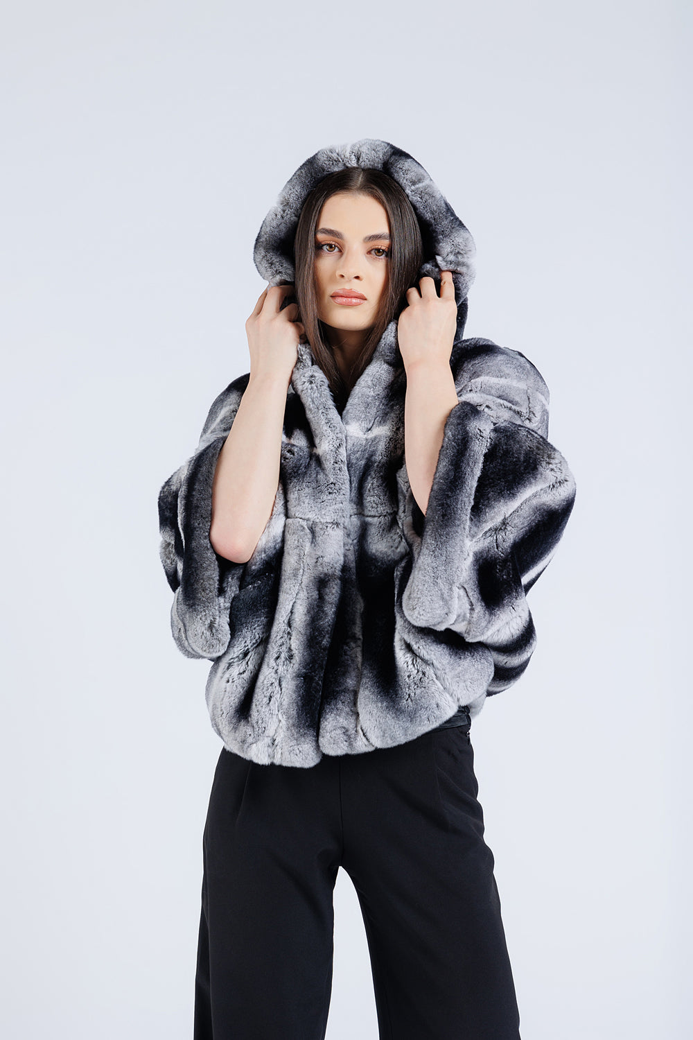 Capă din Blană Naturală de Rex Chinchilla, cu Glugă, Femei, Dark Grey 51