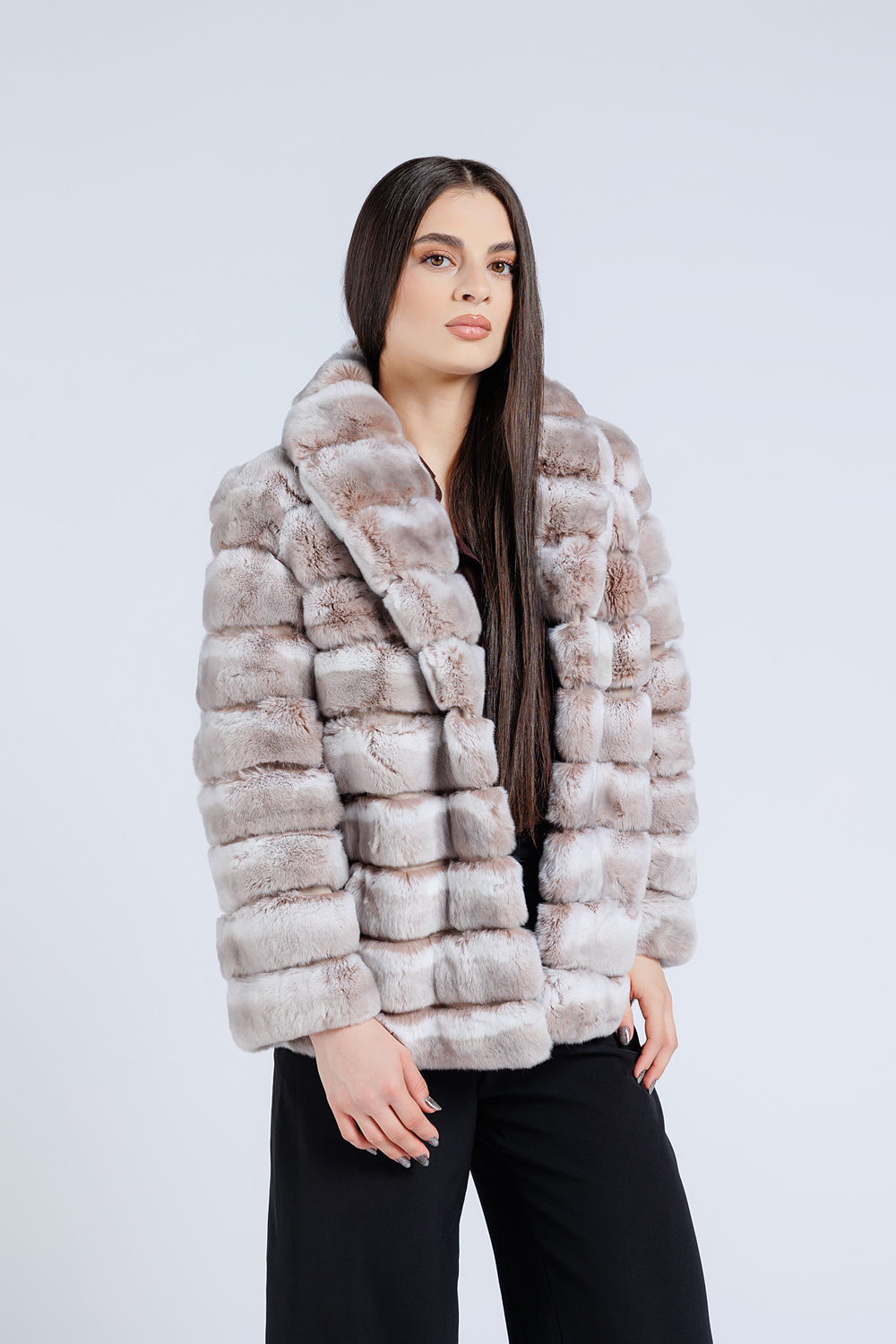 Natural Rex Chinchilla Fur Coat, Lapel Collar, Women, Pearl 176
