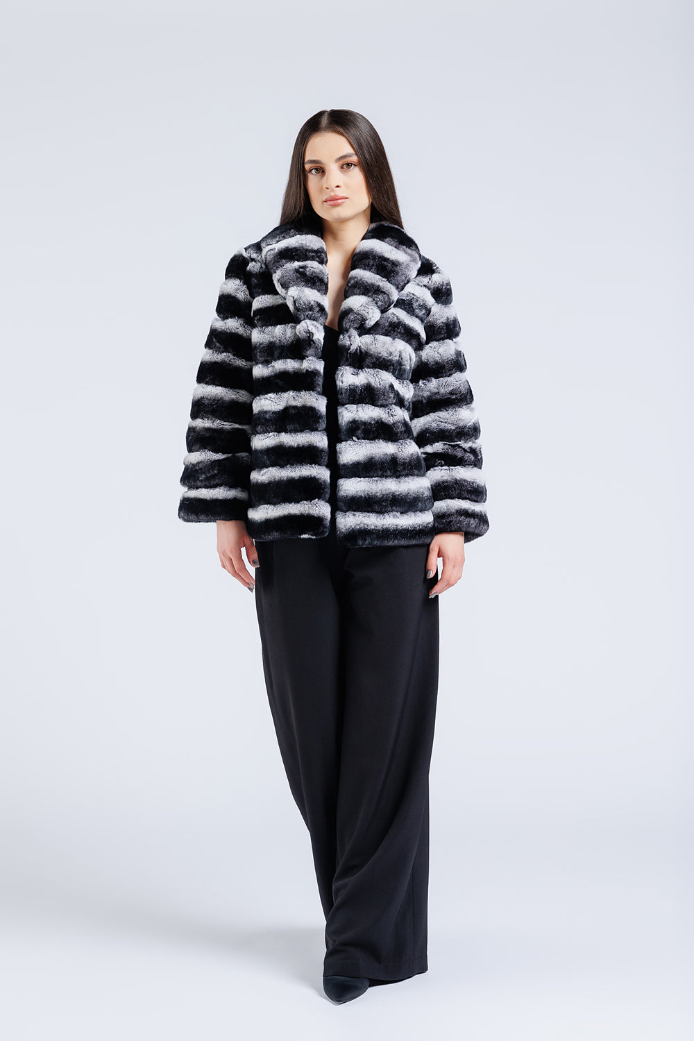 Natural Rex Chinchilla Fur Coat, Lapel Collar, Women, Silver Grey 177