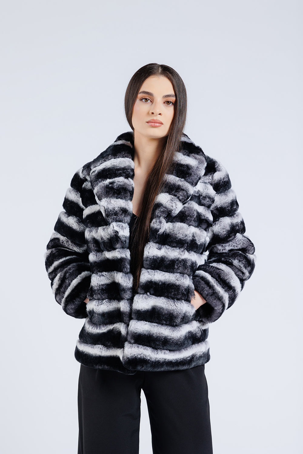 Natural Rex Chinchilla Fur Coat, Lapel Collar, Women, Silver Grey 177