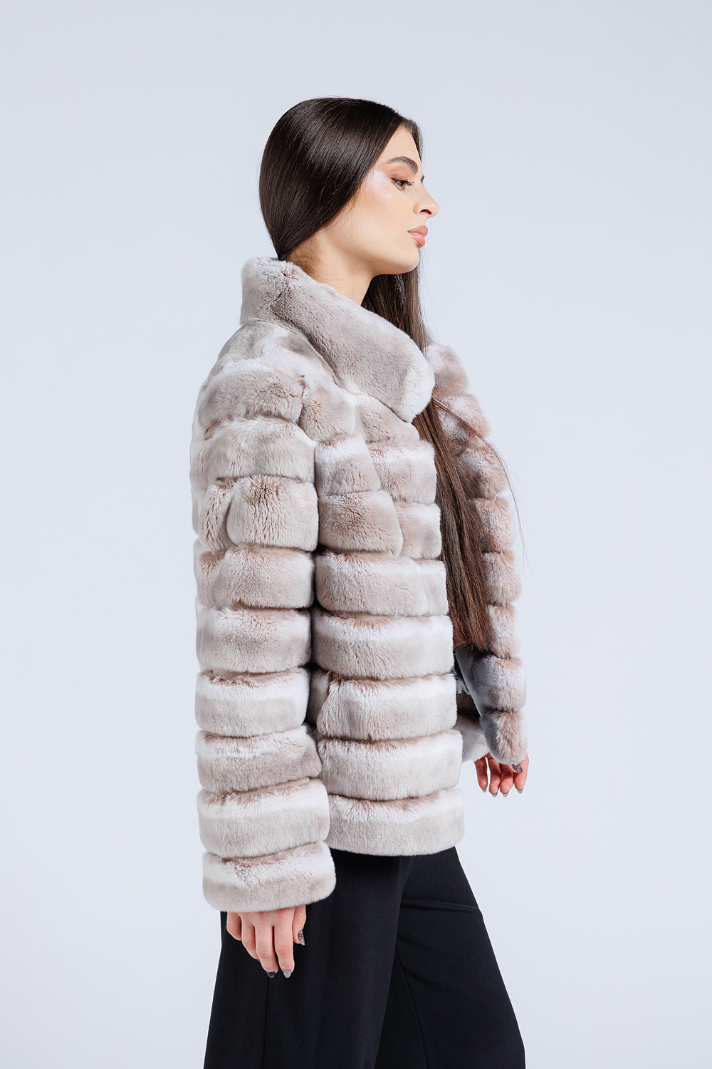 Haină din Blană Naturală de Rex Chinchilla, Guler Tunică, Femei, Pearl 179