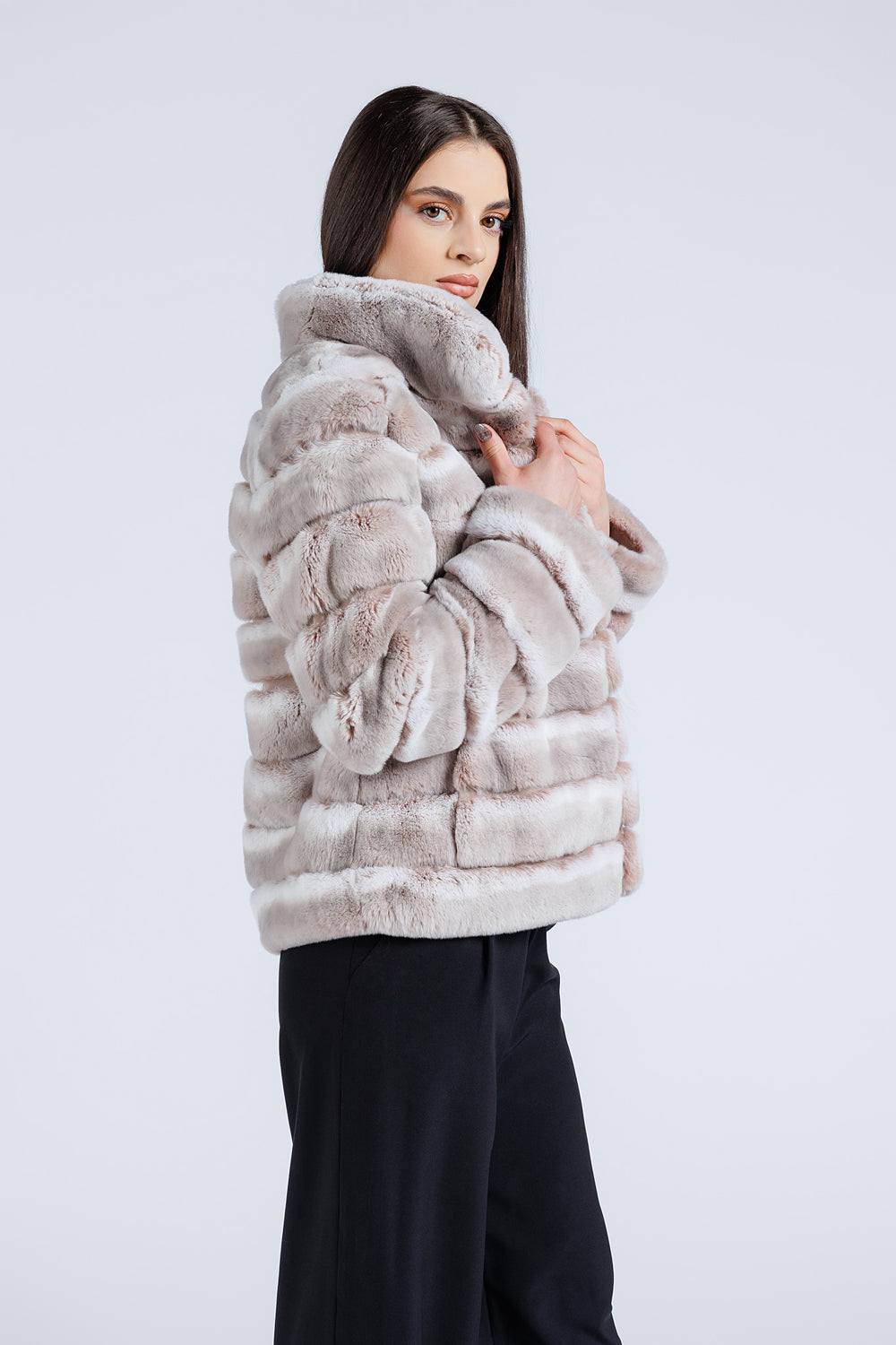 Haină din Blană Naturală de Rex Chinchilla, Guler Tunică, Femei, Pearl 179
