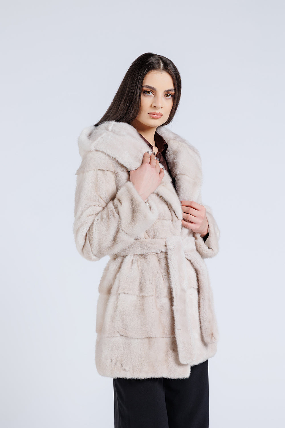 Natural Mink Fur Coat With Cobra Hood And Drawstring, Women, Silver Blue